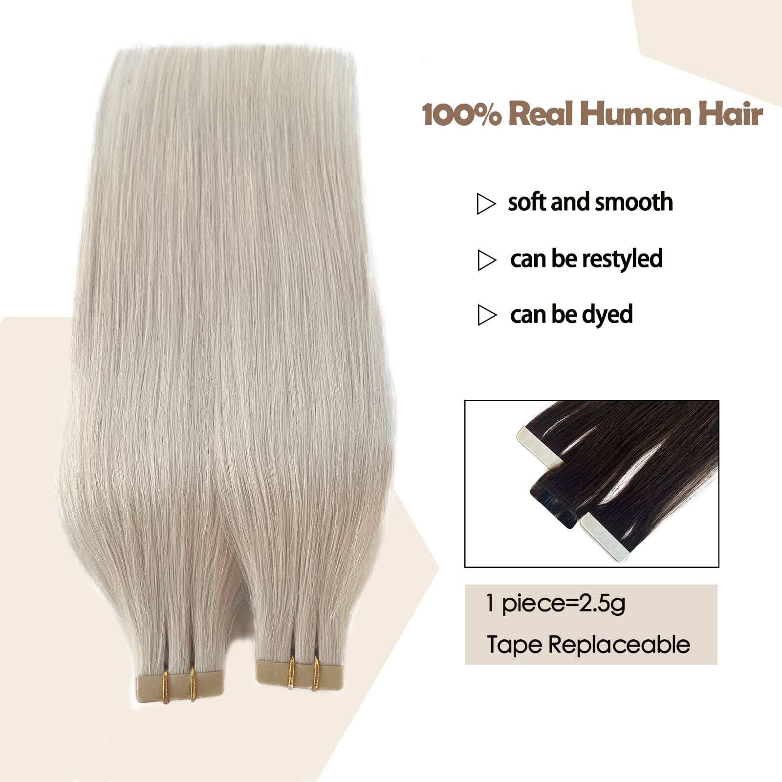 22 Inch 9A Remy Human Hair Tape In Extensions Double Sided Pu Tape In Extensions For Women Ice White Invisible Skin Weft Tape In