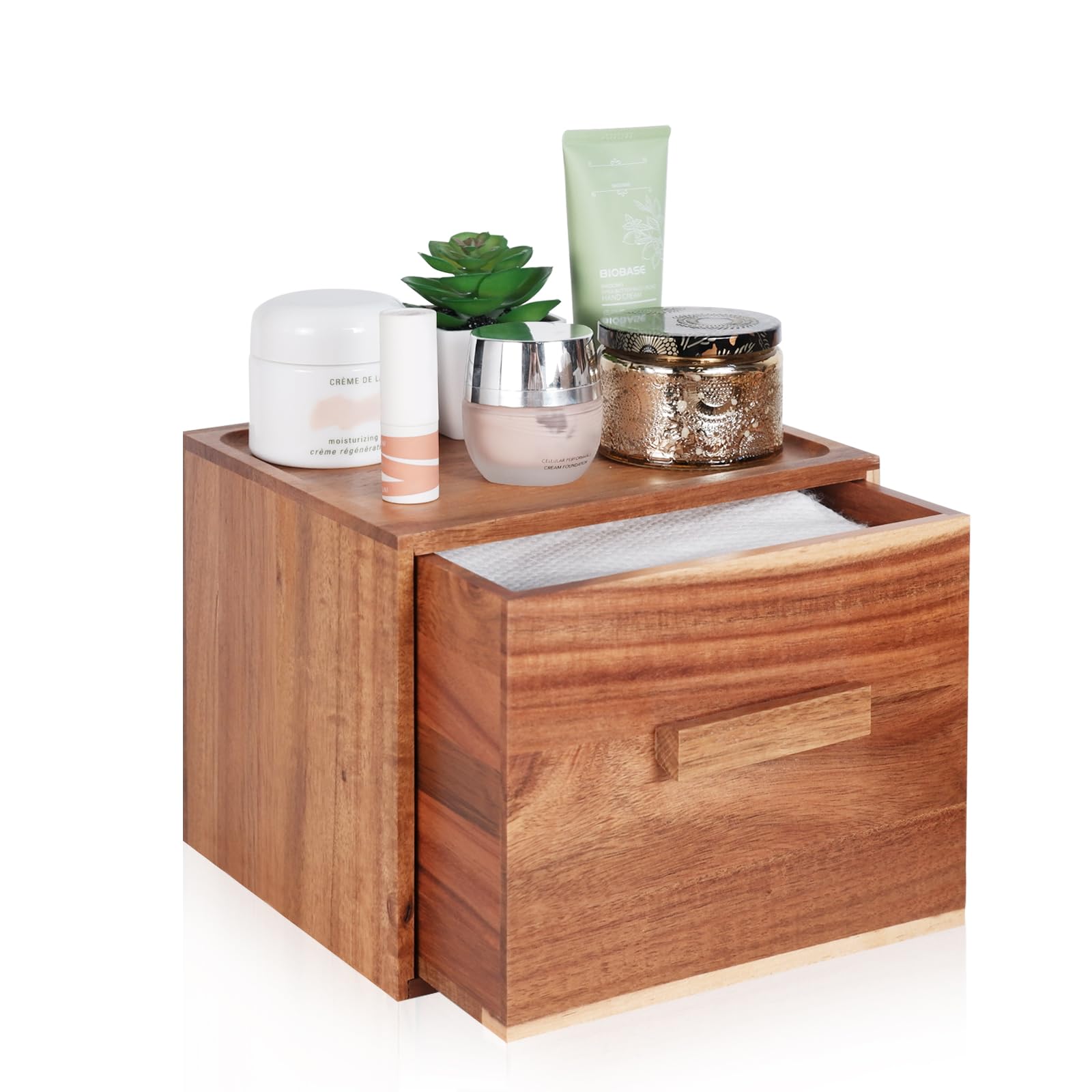 Disposable Face Towel Holder, Acacia Wooden Face Towel Container Compatible with Clea Skin Club Clean Towels XL, Drawer Storage 