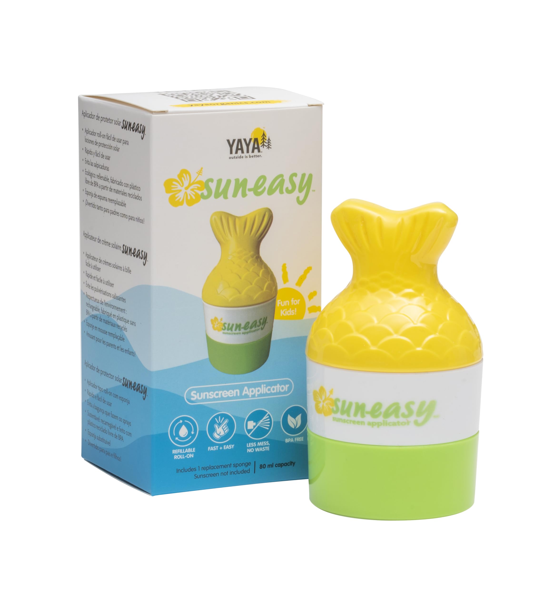 YAYA ORGANICS Sun-Easy Sunscreen Applicator, Refillable Roll-On with Sponge for Kids and Babies, Fun, Fast and Mess-Free applica