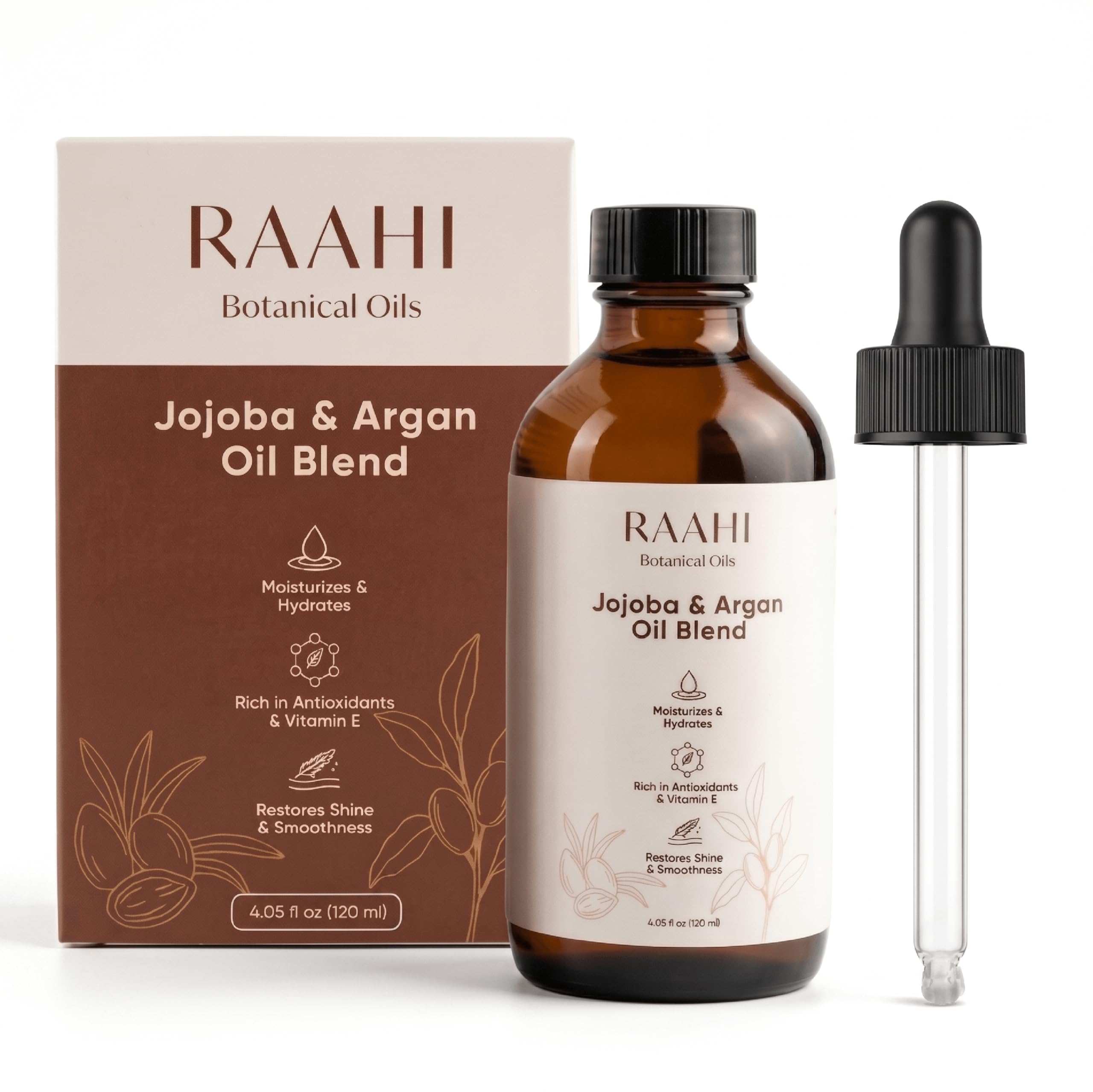 RAAHI Jojoba Oil and Argan Oil Blend for Hair and Skin, 4.05 fl oz / 120 ml, Lightweight Non Greasy Moisturizer for Face, Body, 