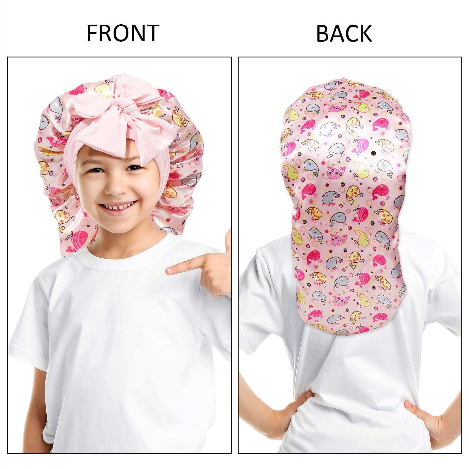 Awaytr Long Toddler Silk Bonnet For Sleeping Elastic Satin Bonnets For Curly Hair Braid Bonnet Night Cap For Aged 3-12 Kids (Wha