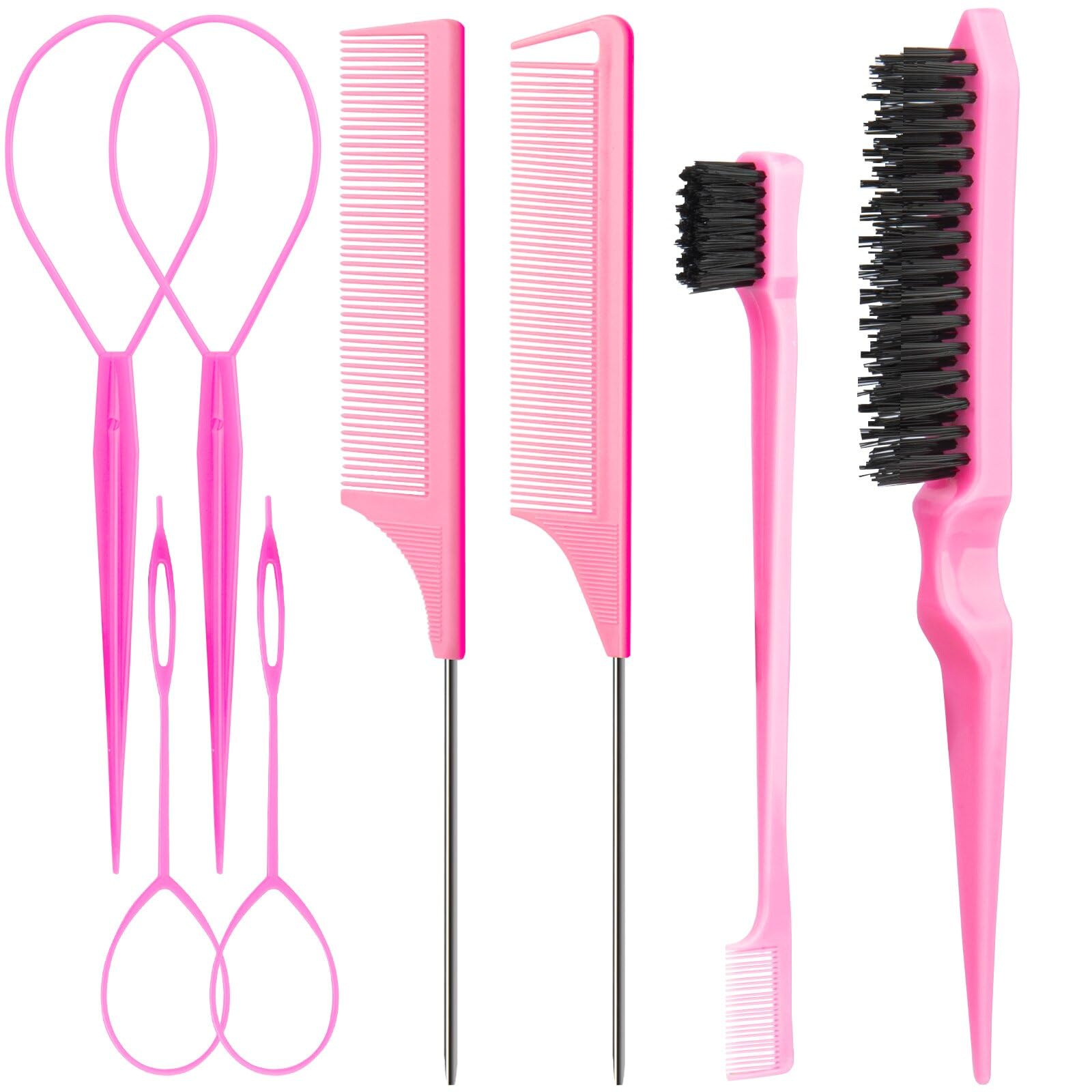 Aigee 8Pcs Hair Styling Combs Set Include 4Pcs Topsy Hair Tail Tools 2 Styles of Rat Tail Comb,1Pcs Bristle Teasing Slick Back h