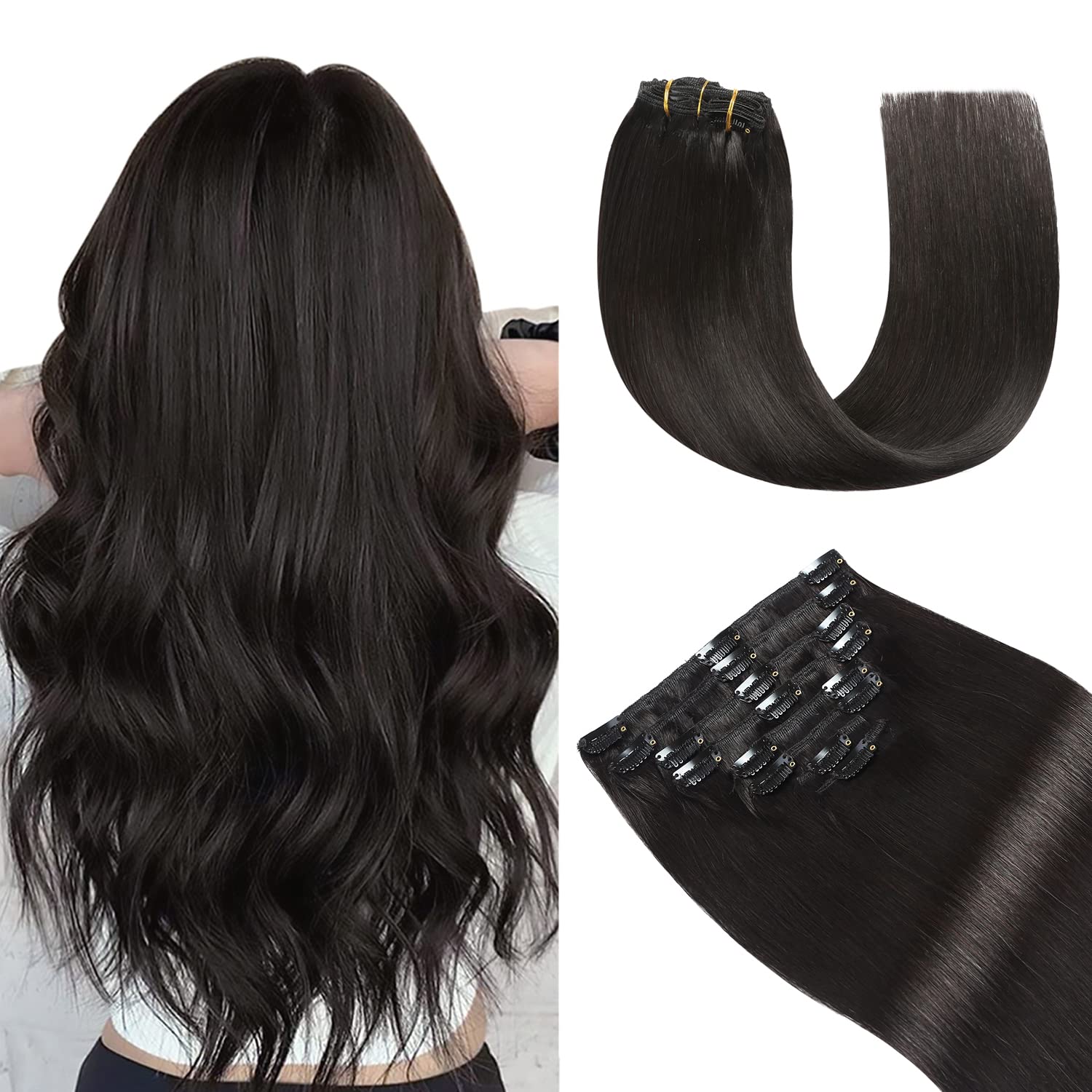 Yilite Clip in Hair Extensions - 20 Inch 120g 8pcs Real Human Hair Natural Silky Double Weft - Off Black