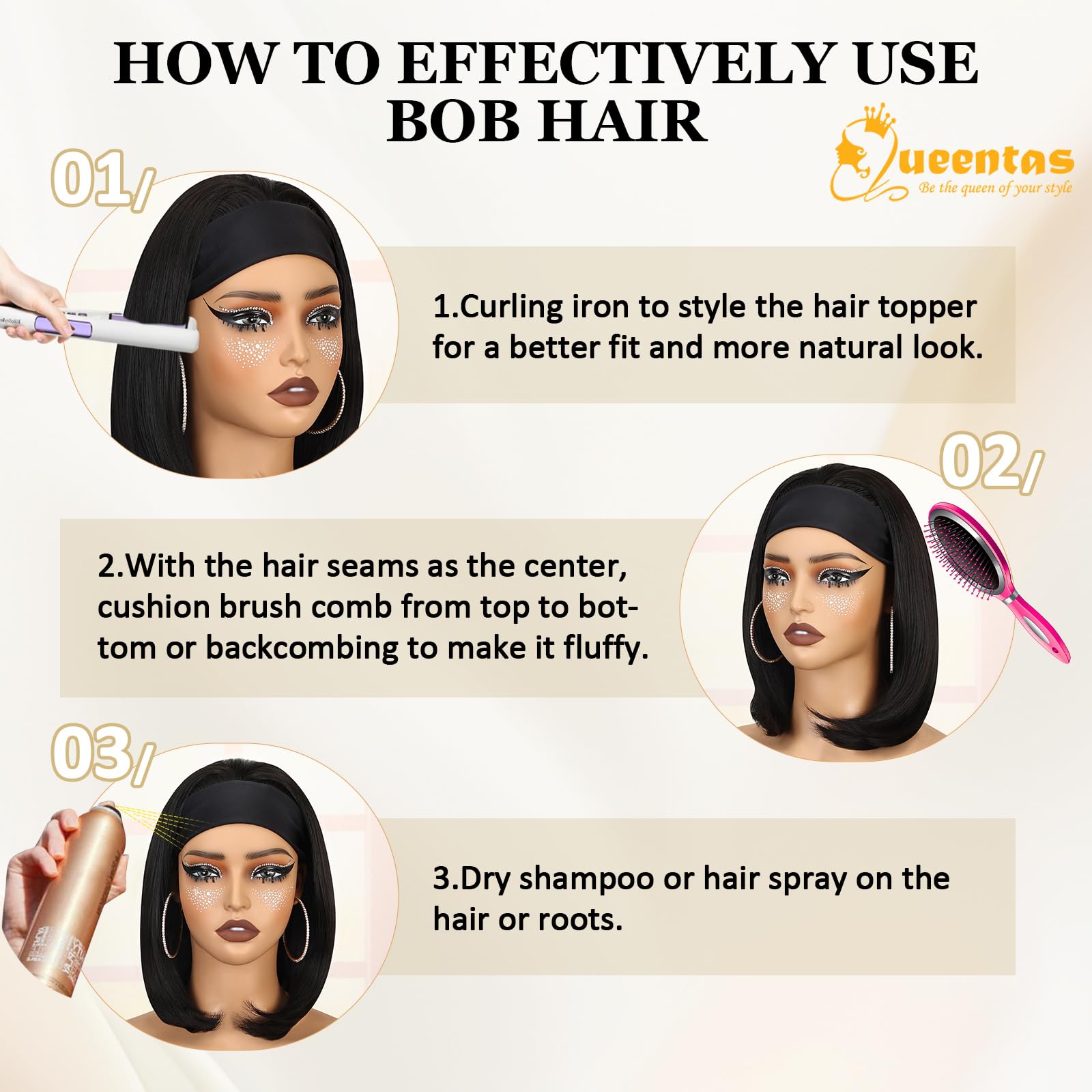 QUEENTAS 13 Bob Headband Wigs for Black Women Natural Black Bob Straight Hair Synthetic Headband Wigs Shoulder Length No Lace Ea