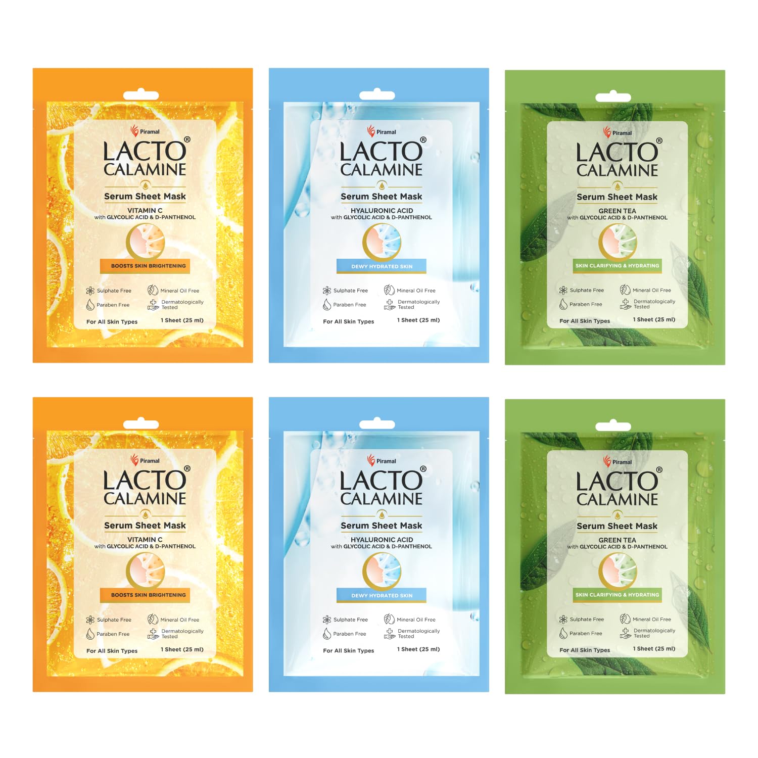 Lacto Calamine Face Sheet Masks | 180G (Pack Of 72) Combo Pack | Face Sheet Masks With Vitamin C Serum, Hyaluronic Acid Serum & 