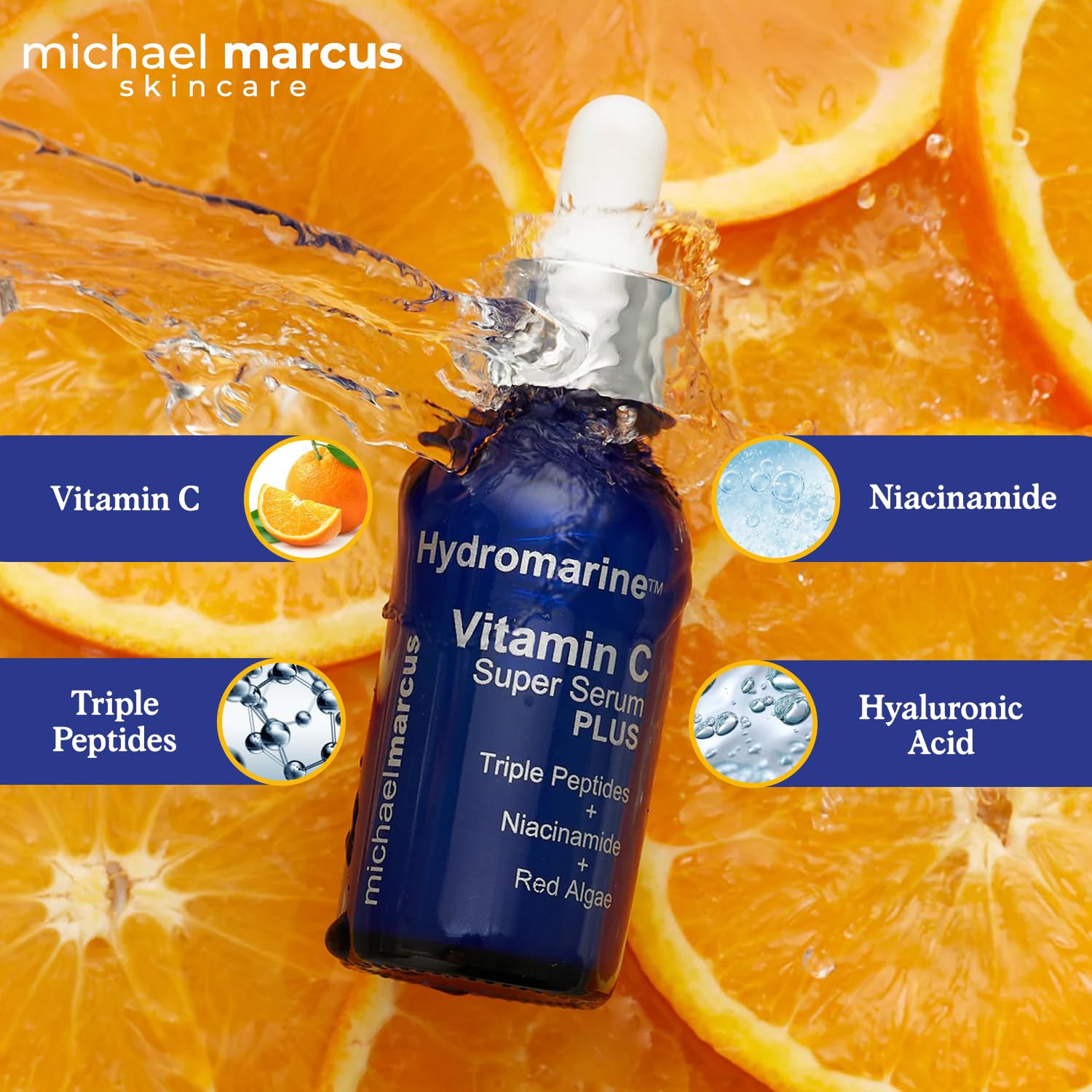 Michael Marcus Hydromarine Vitamin C Face Serum PLUS with Hyaluronic Acid & Triple Peptides - Reduce Dark Spots, Anti-Wrinkle, A