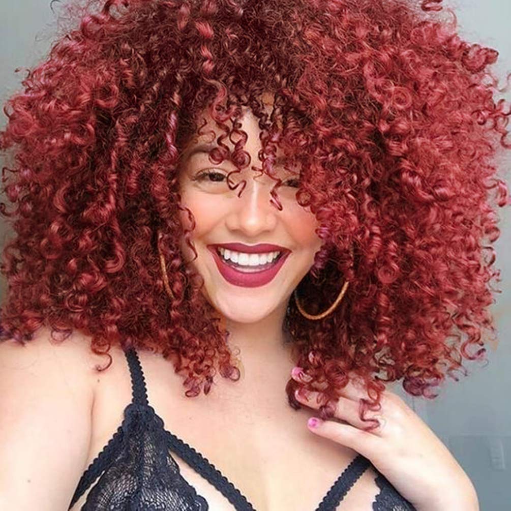 rosmile Curly Wigs for Black Women -Burgundy Synthetic African American Full Kinky Curly Afro Hair Wig with Bangs (Free 1pc Prof