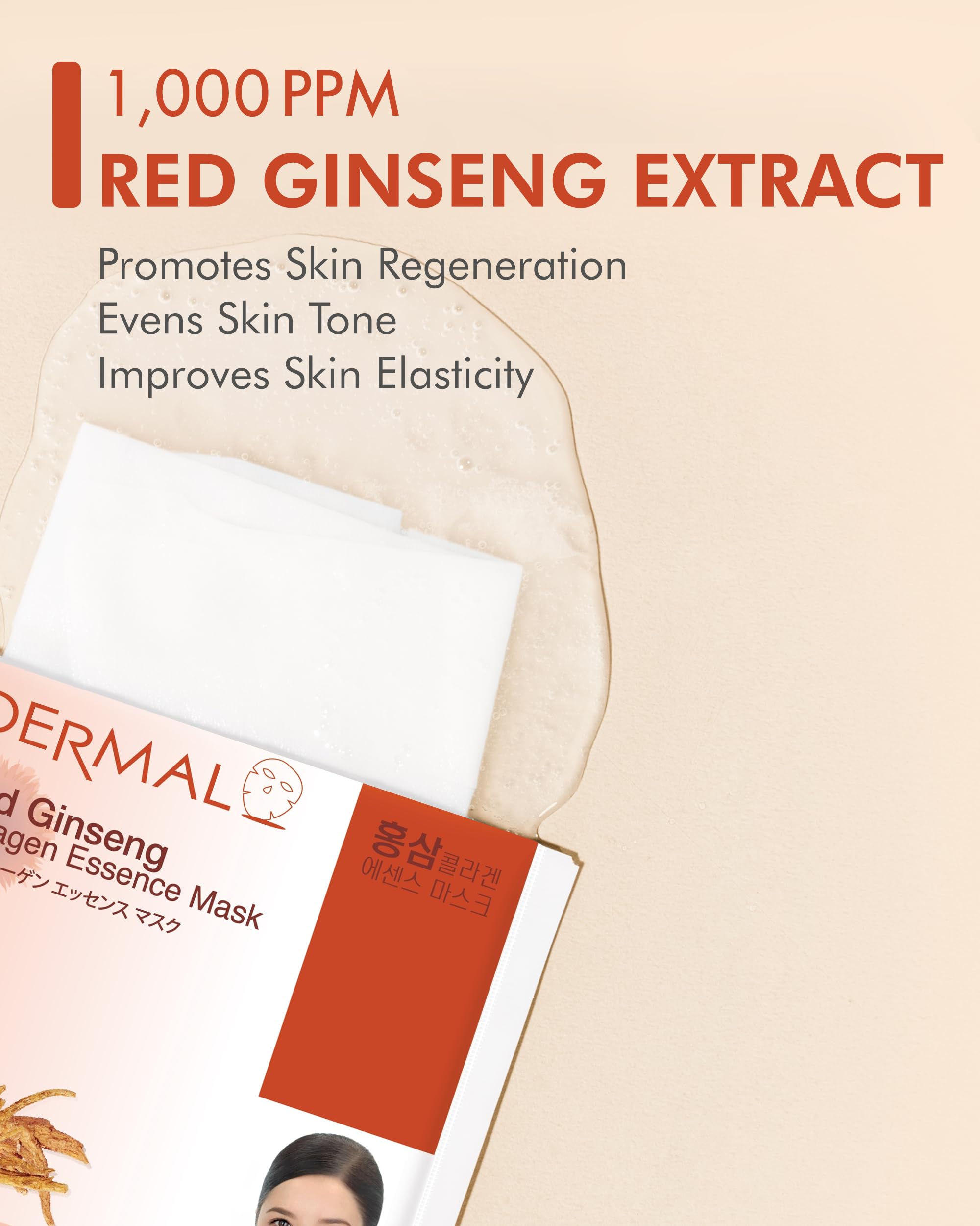 Dermal Red Ginseng Collagen Essence Mask - Reduces Wrinkles, Radiant Skin, Rejuvenating Skin - Hypoallergenic Skin Friendly Shee