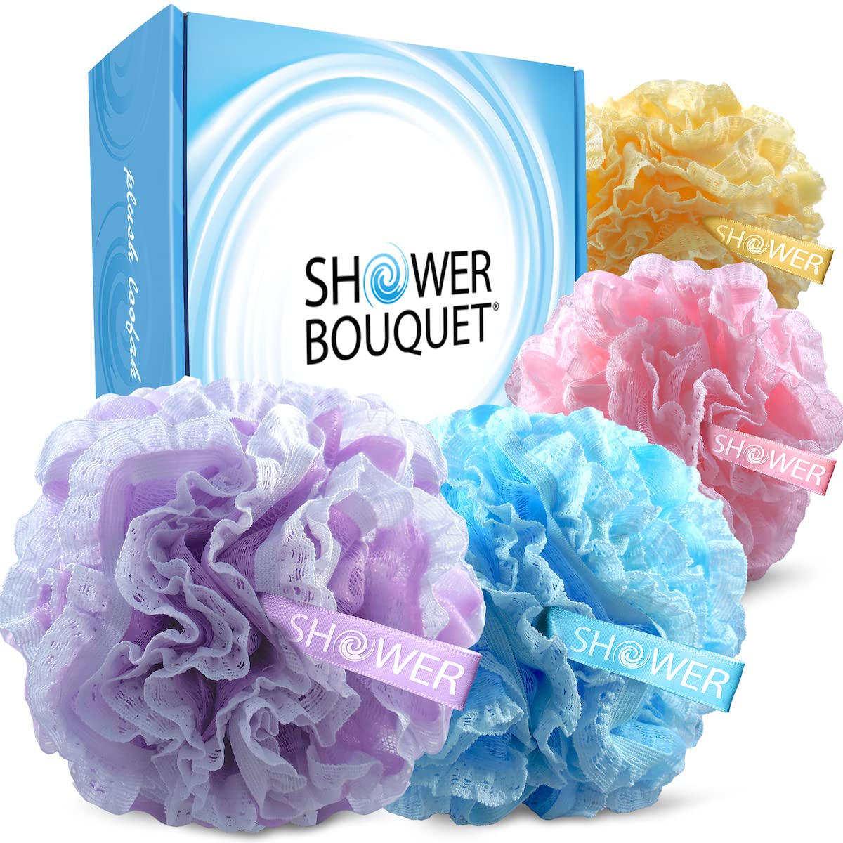 Loofah-Bath-Sponge Lace-Mesh-Set >> 2-Scrubs-In-1 By Shower Bouquet: Large Full 60G Pouf (4 Pack Spa Colors) Body Luffa Loofa Lo