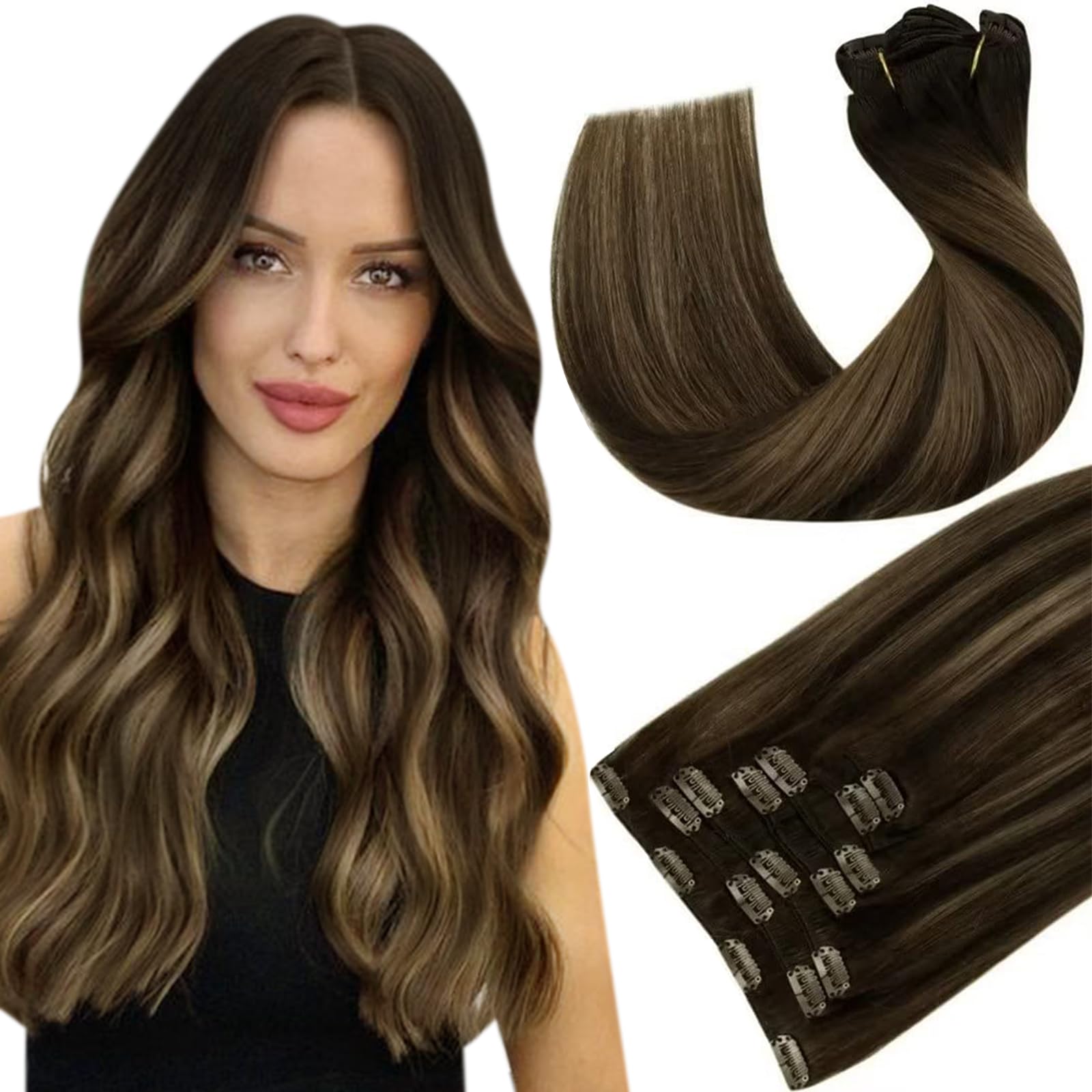 Hetto Brown Hair Extensions Clip in Human Hair Balayage Brown to Ash Brown Clip in Hair Extensions Ombre Brown Human Hair 7Pcs 1
