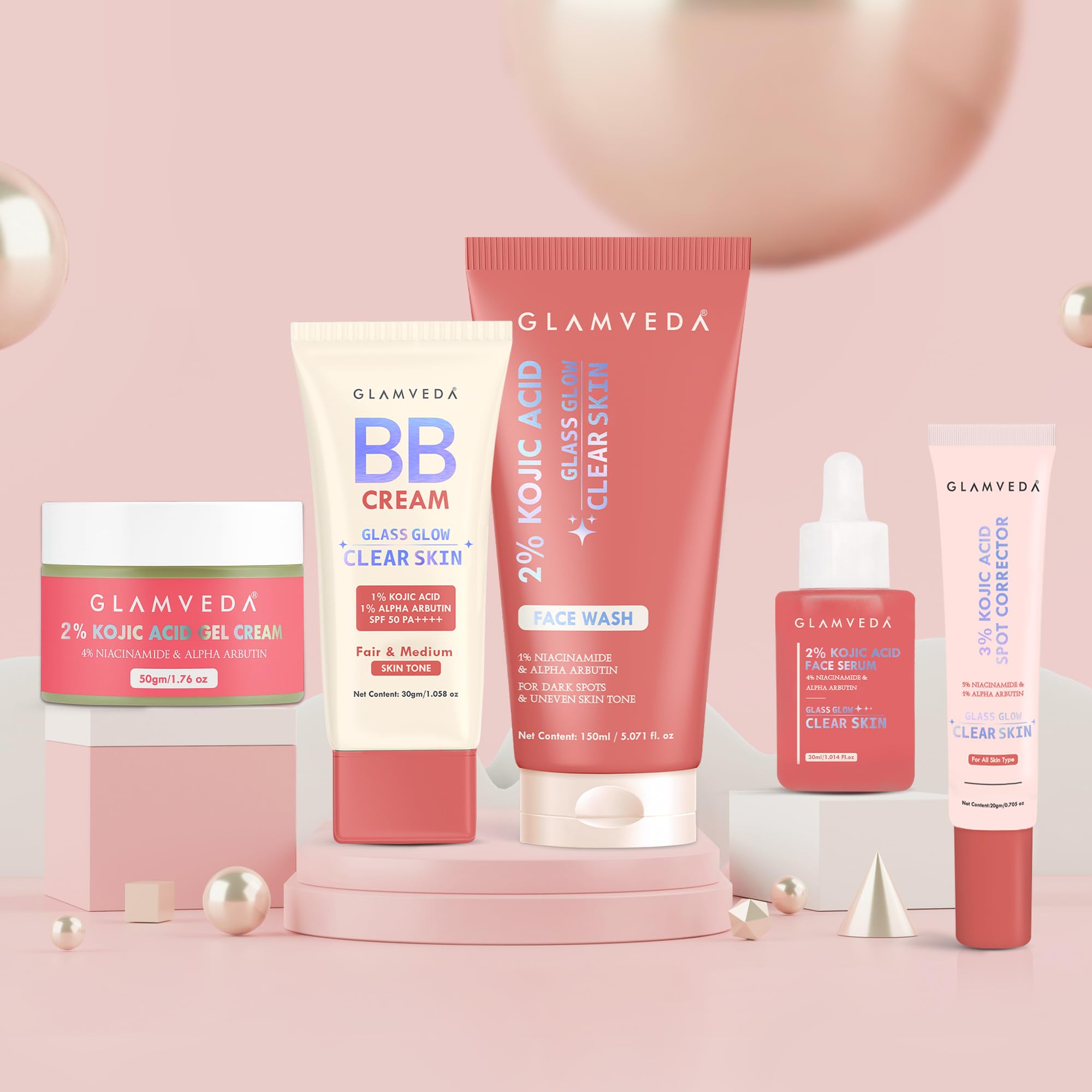 Glamveda 5 Step Skincare + Coverage Set  Includes 2% Kojic Acid Facewash, Spot Corrector, Serum, Cream & Bb Cream (Fair Tone) F