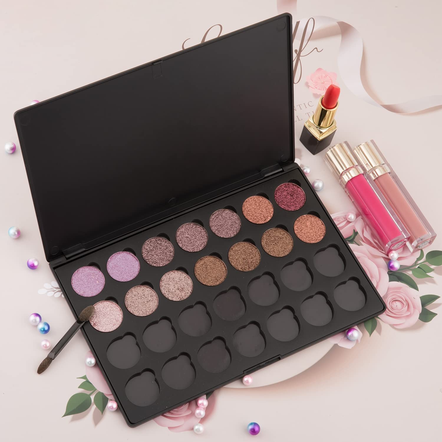 Allwon Empty Magnetic Eyeshadow Makeup Palette With 28Pcs 26Mm Round Metal Pans