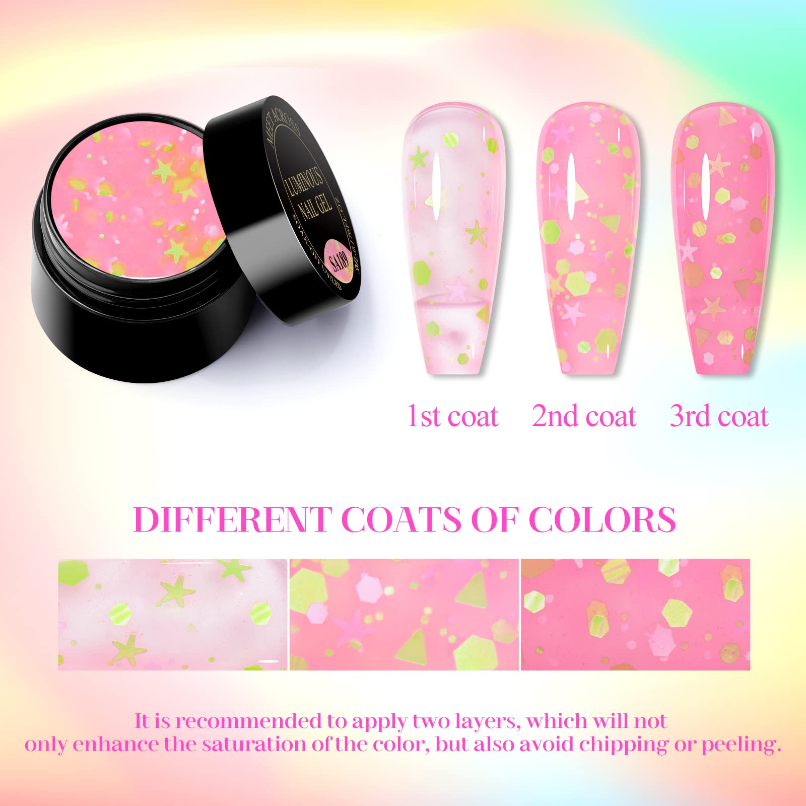 Meet Across 6 Colors Candy Luminous Gel Nail Polish Set, Glow In Dark Nail Gel Polish With Nail Brush, Cute Luminous Gel Nail Po