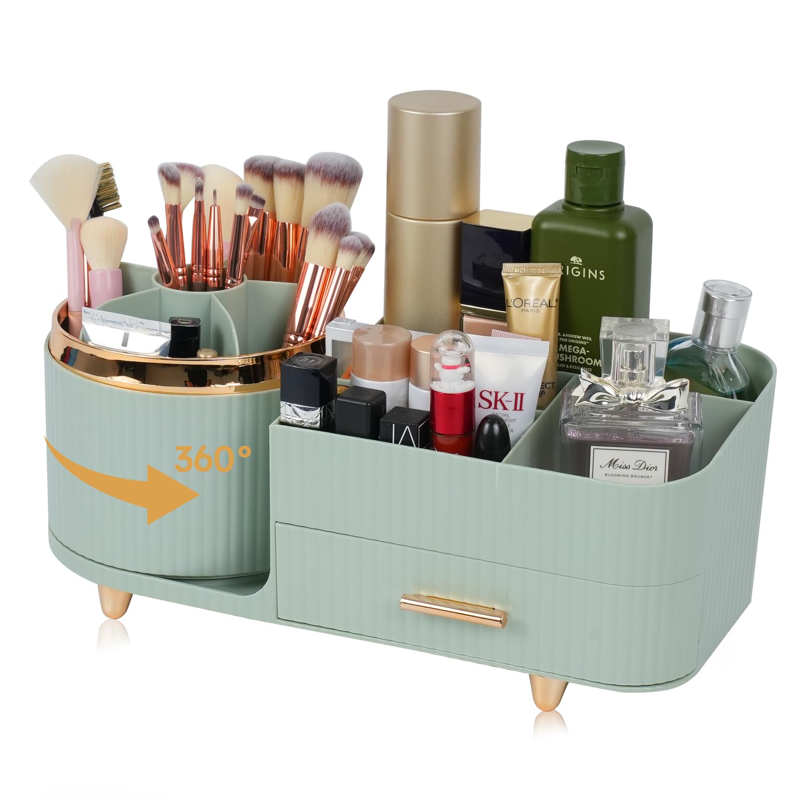 Zufudo Makeup Organizer Countertop with Drawers 360 Rotating Makeup Brush Holder Large Capacity Skincare Organizer for Vanity De