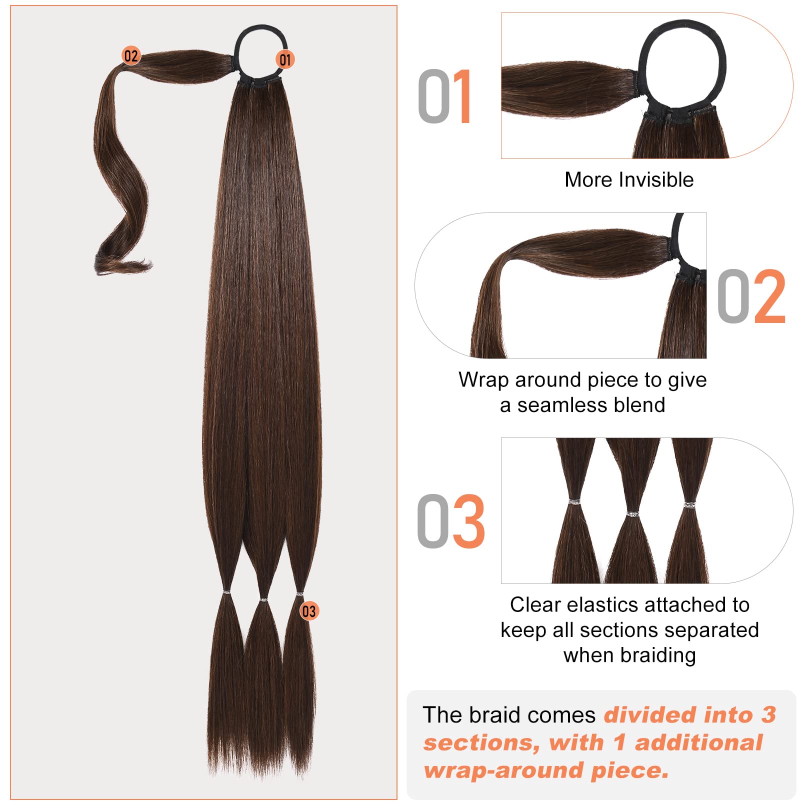 Seikea Upgraded Long Braid Ponytail Extension With Elastic Tie Straight Sleek Wrap Around Braid Hair Extensions Ponytail Dark Br