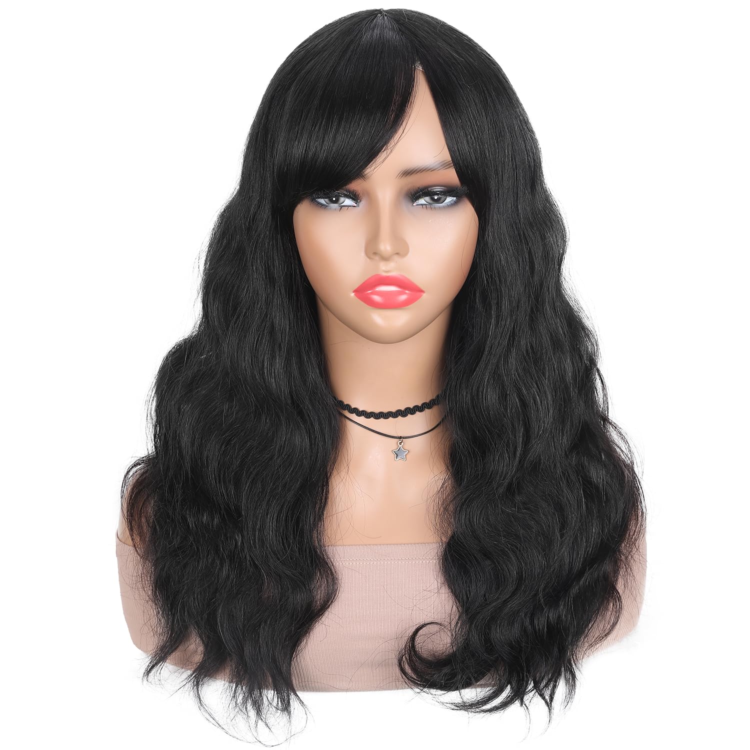 Wiger Natural Wave Human Hair Wigs With Bangs Upgraded Real Hairline Black Loose Wavy Hair For Black Women Lace Part Wig Brazili