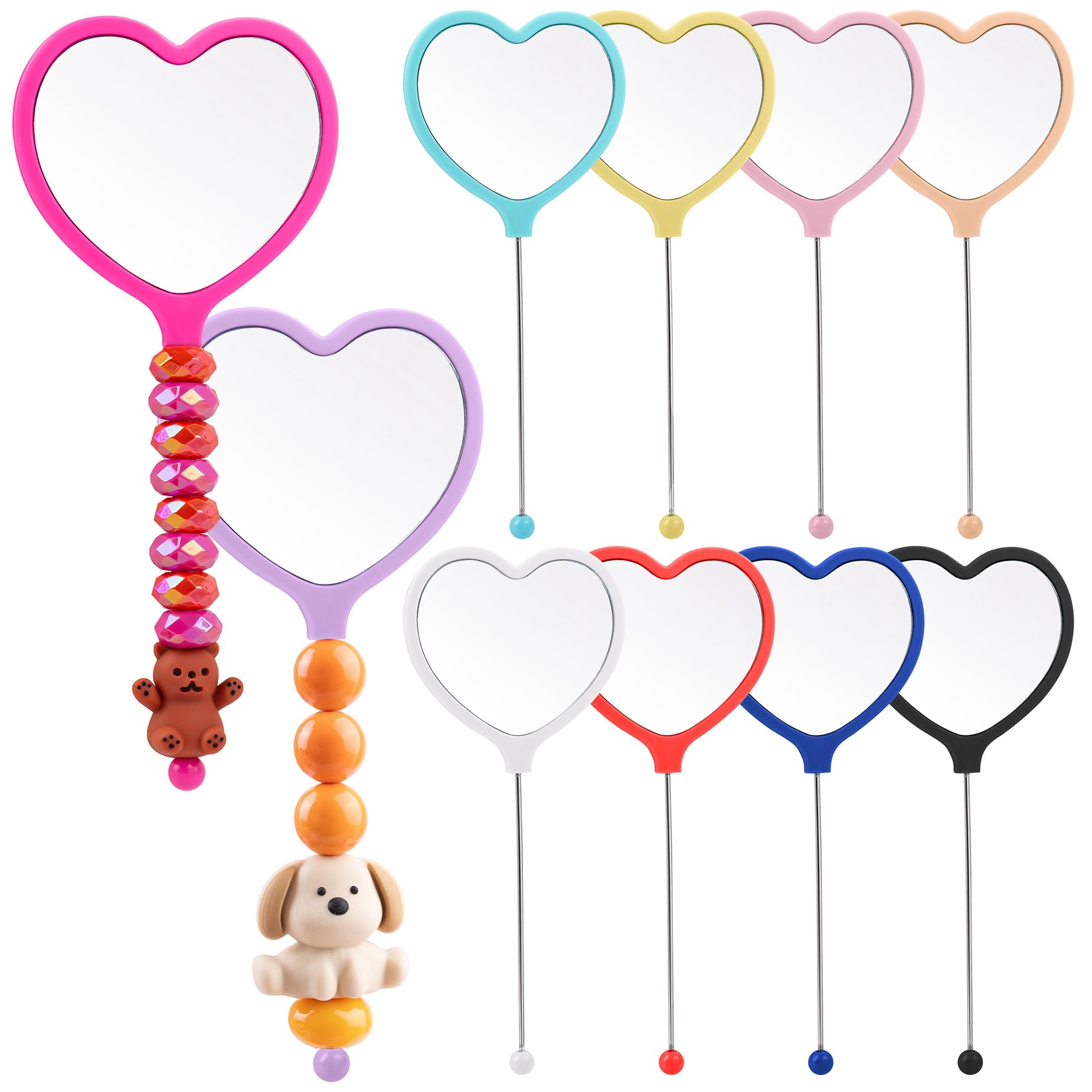 Framendino, 10 Pack Beadable Heart Travel Makeup Mirrors with Blank Bar Handheld for DIY Jewelry Making 10 Color