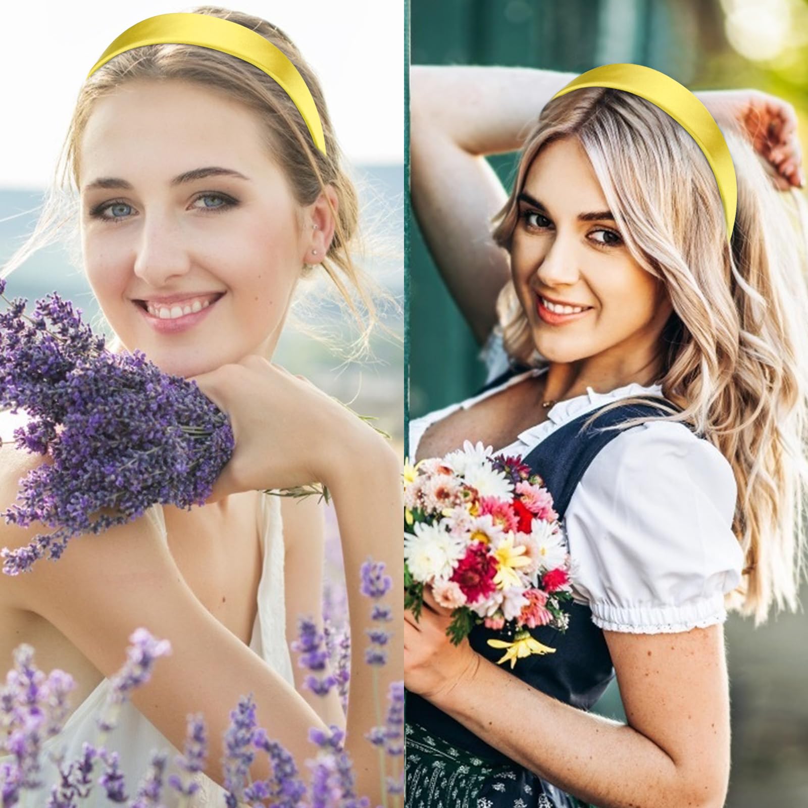 Velscrun Yellow Headband For Women Girls 1.6 Inch Wide Headbands Satin Head Bands For Womens Hair Solid Simple Holiday Hair Band