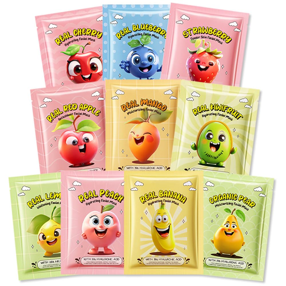 Kaely 10 Pack Fruit Face Masks For Kids, Spa Party Facial Mask Skincare Set, Sheet Masks Skin Care, Moisturize Brighten Soothe F