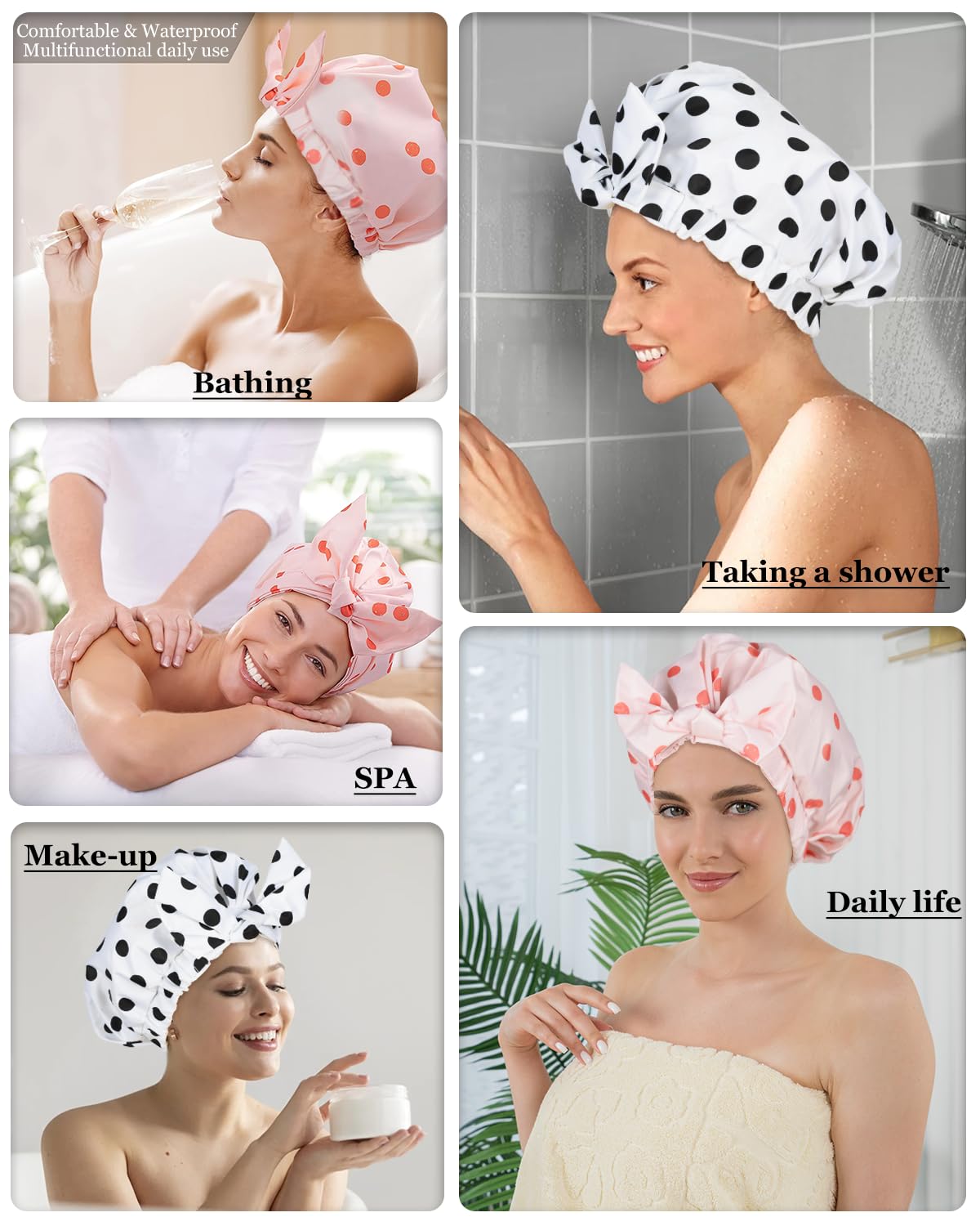 Luvruitaky Shower Cap 2Pcs Shower Caps For Women Reusable Waterproof Hair Cap For Shower With Adjustable Bowknot Luxury Bath Cap