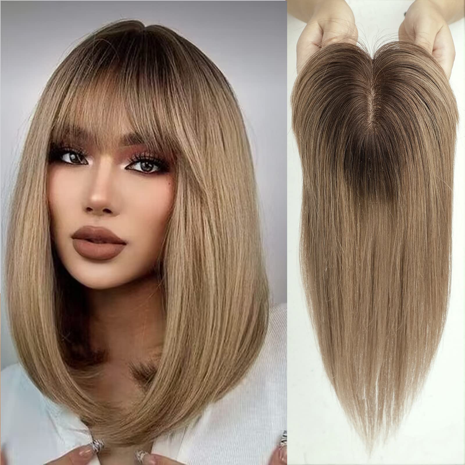 HAIRCUBE Hair Toppers For Women, Top Hairpieces 100% Remy Human Hair With Bangs, 150% Density Silk Base Clip In Topper 7 * 13cm