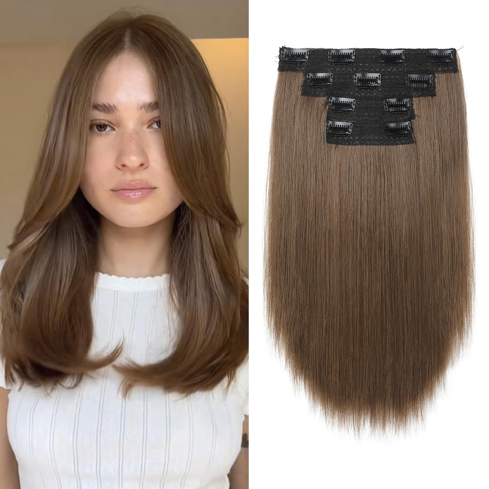 NTYNTY Hair Extensions, 14'' Short Clip in Hair Extensions 4PCS Straight Brown Hair Extensions Natural Soft Synthetic Hairpiece 
