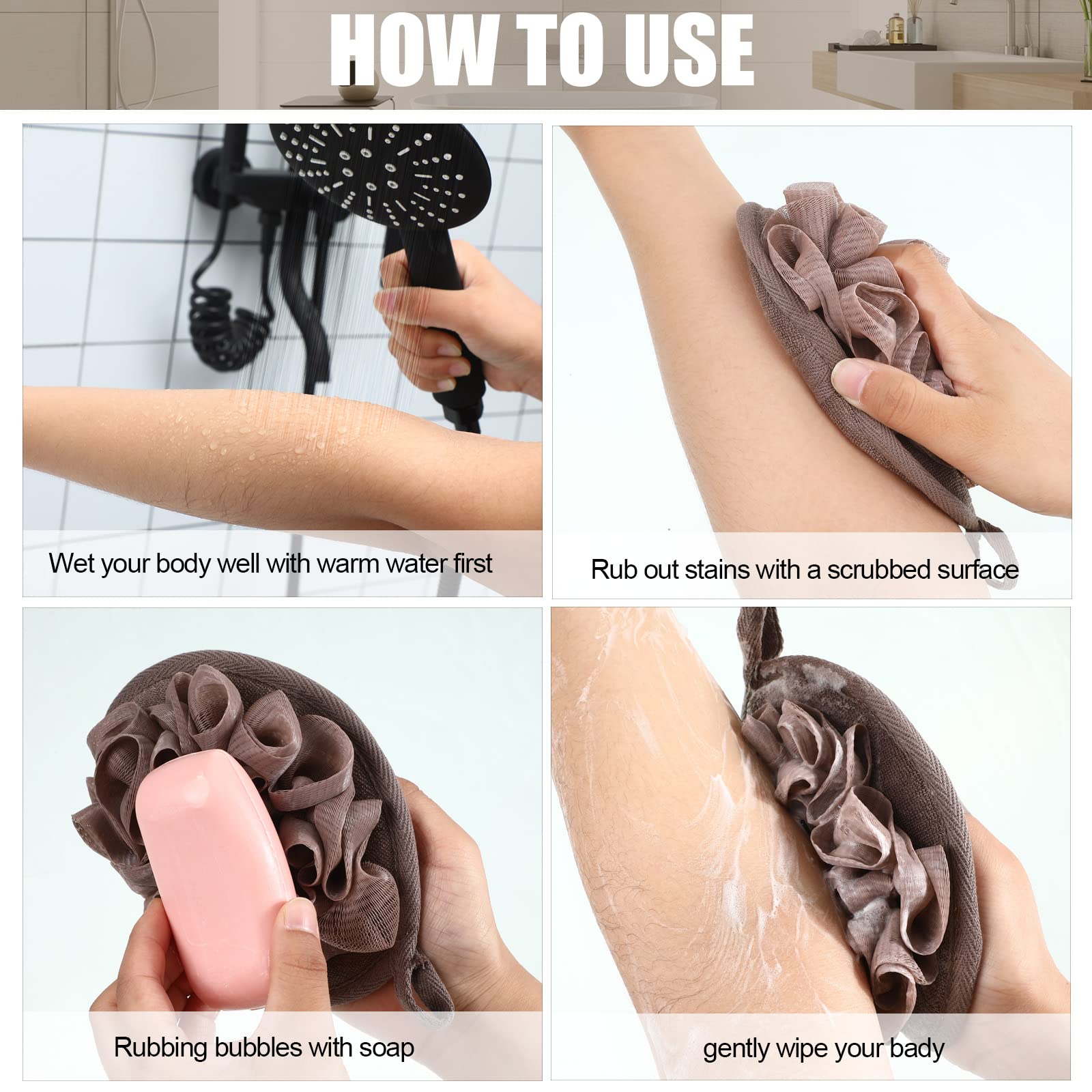 12 Pieces Shower Puff Bath Travel Loofah With Elastic Hand Strap Exfoliating Washable Loofah Mesh Pouf Sponges Bath Hand Loofah