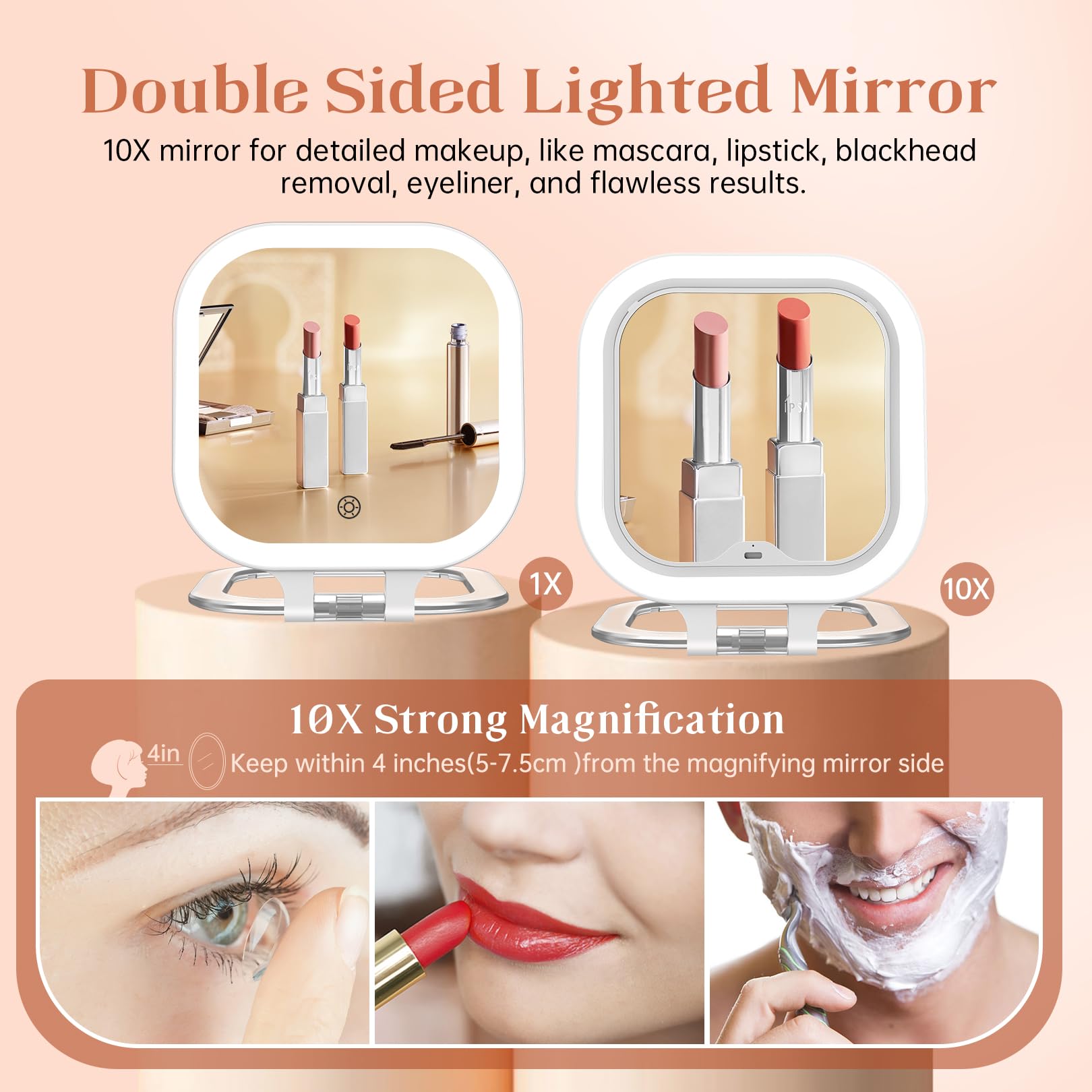 Fascinate 10X Magnification Compact Travel Makeup Mirror With Lights And Magnification, 3.5 Inch Portable 1X/10X Magnifying Mirr