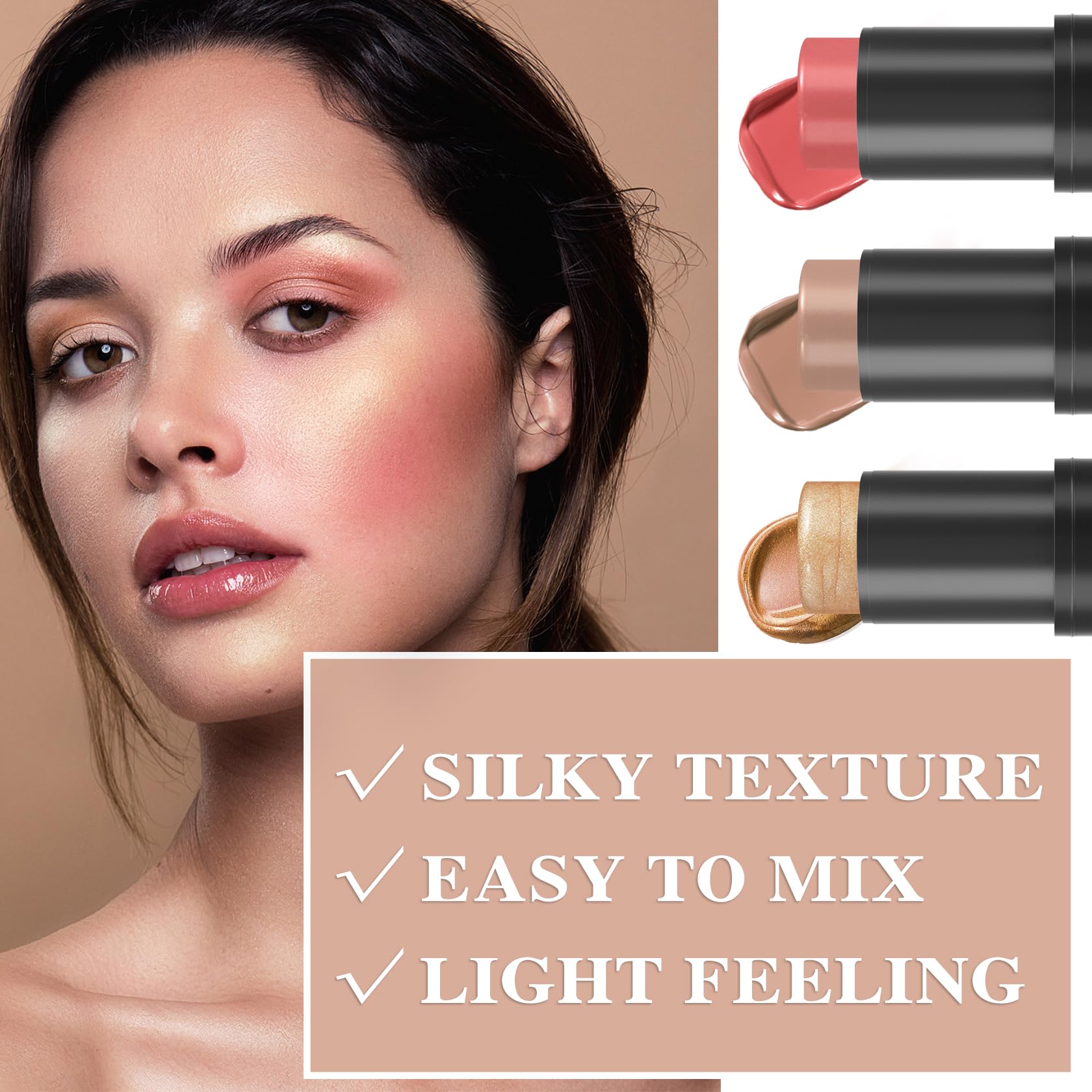 3P Cream Blush Stick With Brush,Waterproof Multi Cream Blush Stick Makeup,Lightweight,Long-Lasting,Easy To Use,2 In 1 Multi Stic
