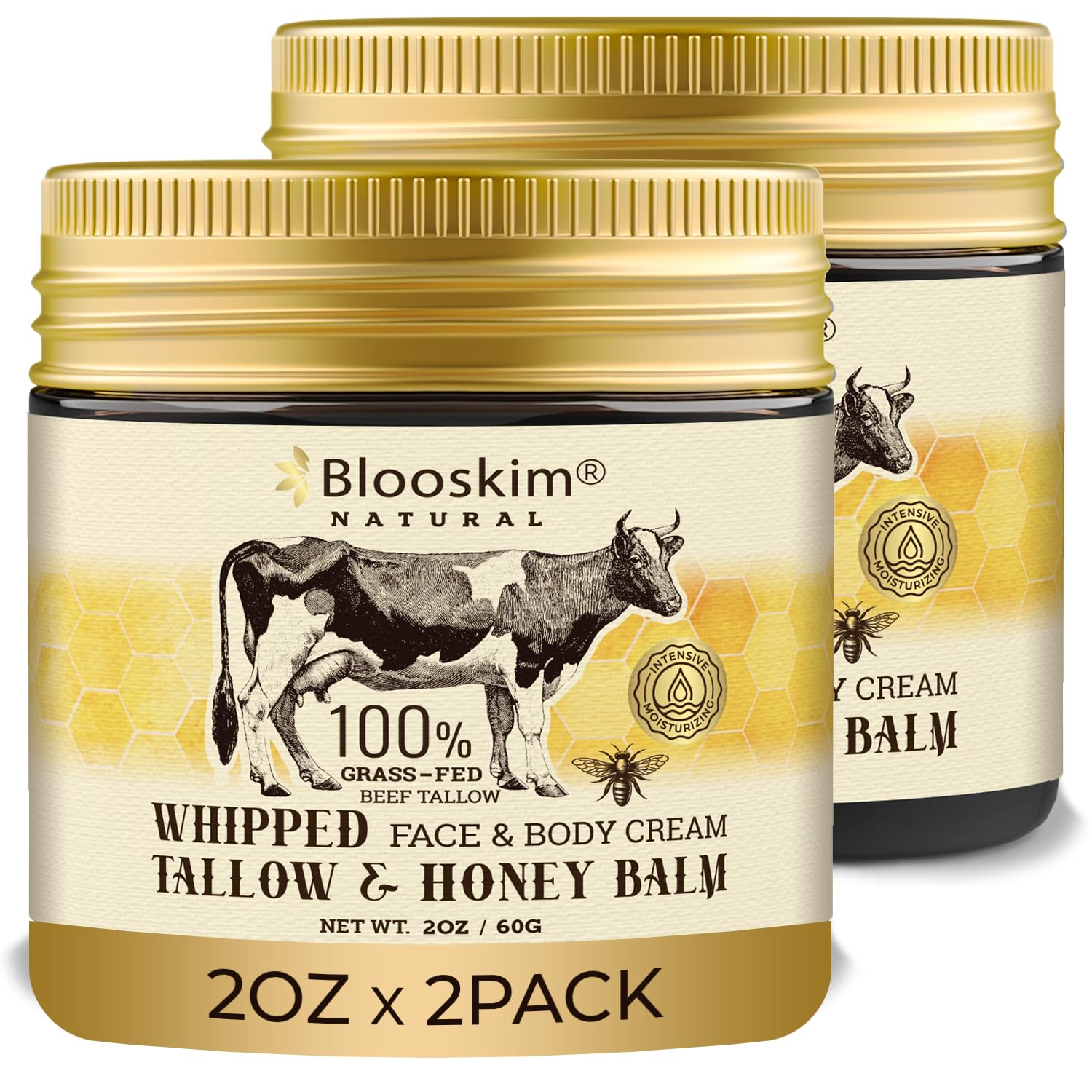 Blooskim Beef Tallow Honey Balm for Skin: 100% Grass Fed Whipped Organic Moisturizer with Organic Raw Honey, Vitamin E  Natural