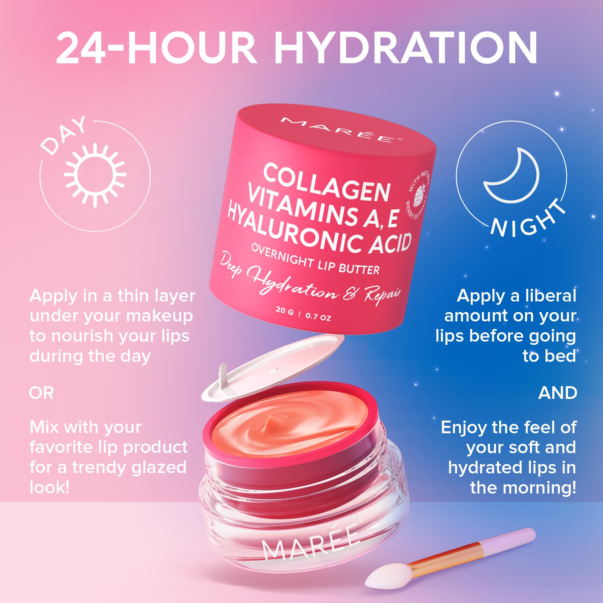 MAREE Lip Mask - Hyaluronic Acid Overnight Butter Balm for Dry Lips - 0.7 Ounce - Strawberry