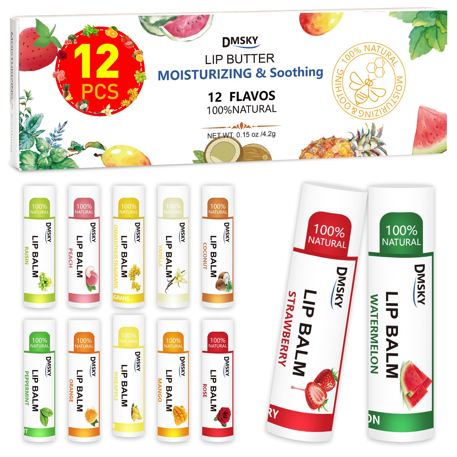 DMSKY 12 Pack Lip Balm, Natural Lip Balm Bulk with Vitamin E and Coconut Oil, Moisturizing Lip Balm for Chapped Lips, Bulk Lip B