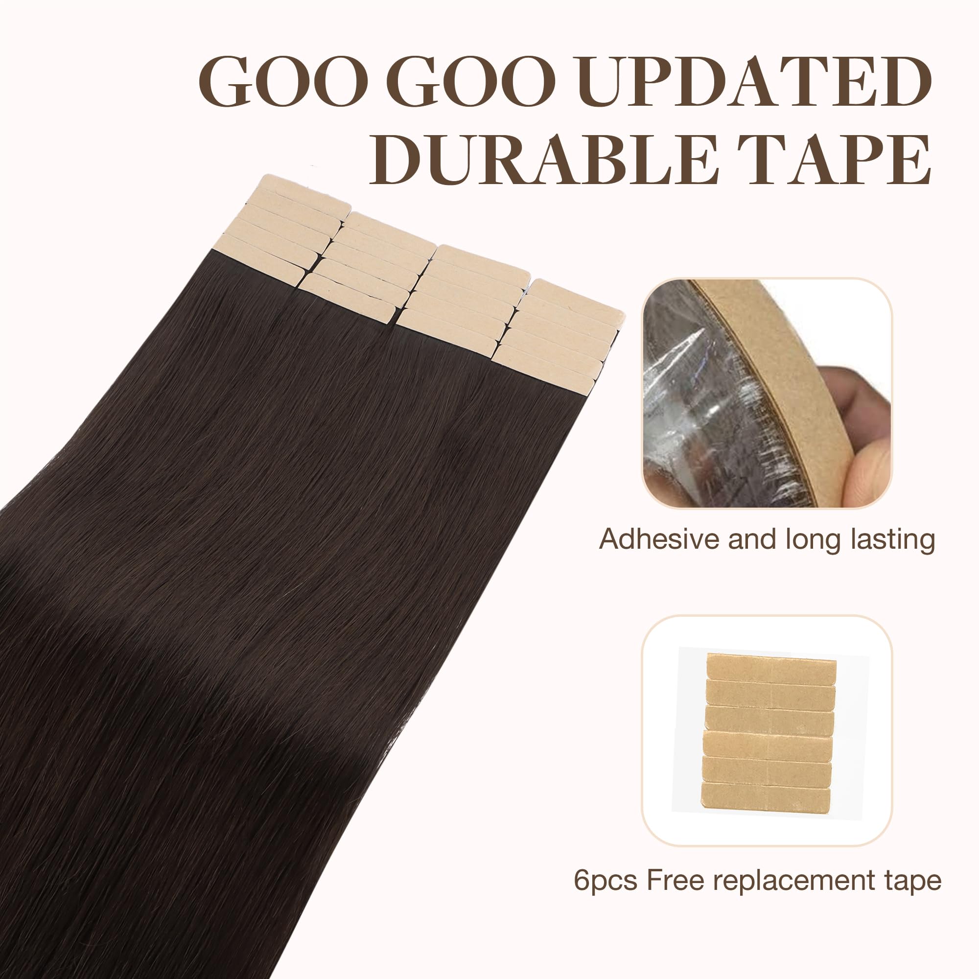 Goo Goo Tape In Hair Extensions Human Hair, 2A Light Brown, 22Inch 100G 40Pcs, Thick Ends Straight Seamless Tape In, Invisible T