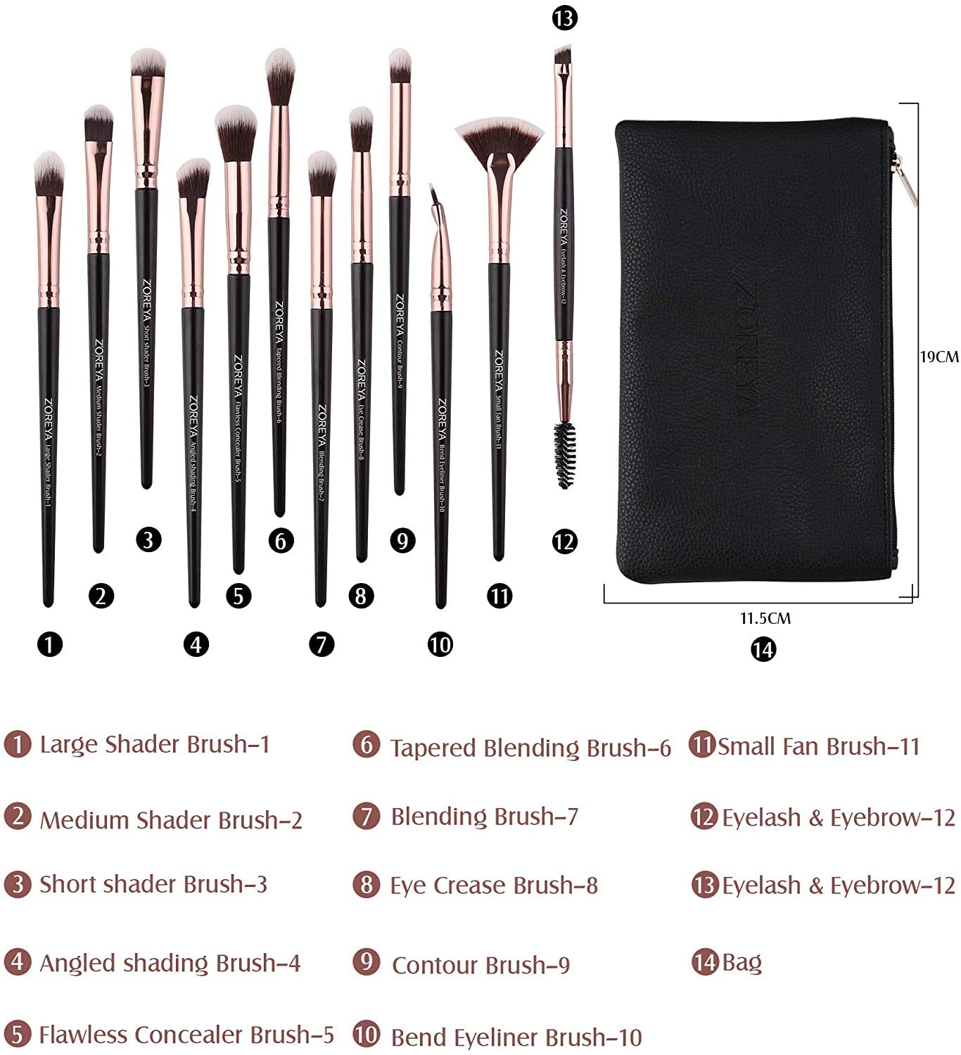 Z'Oreya Eye Makeup Brushes, 12 Pcs Professional Eye Brush Set Eyeshadow, Eyebrow, Blending, Fan, Eyelash Brushes Set With Carryi