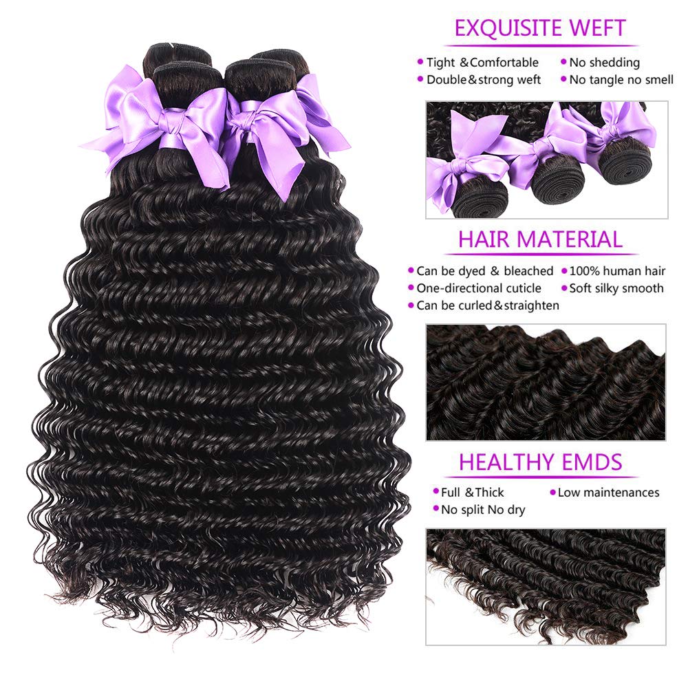 Brazilian 8A Deep Wave 3 Bundles With Frontal Virgin Human Hair Bundles With 13X4 Free Part Lace Frontal Unprocessed Virgin Huma