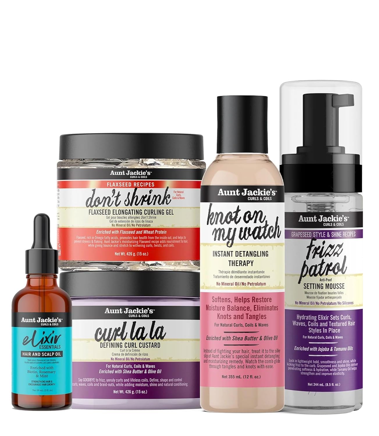 Aunt Jackies Growth, Retention & Style Bundle  Curl La La Custard 15oz, Dont Shrink Gel 15oz, Frizz Patrol Mousse 8.5oz, Knot 