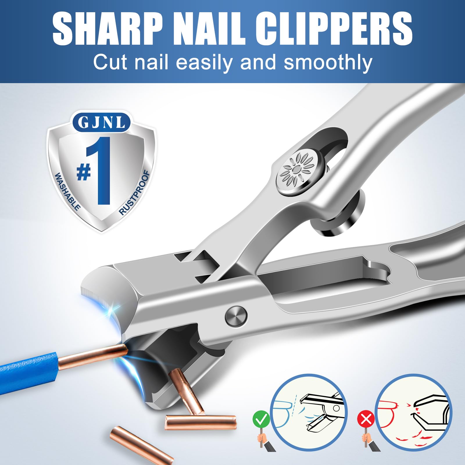 GJNL Stainless Steel Nail Clippers for Men - Wide Jaw, Anti-Splash, Silver, Ideal for Thick Nails and Seniors