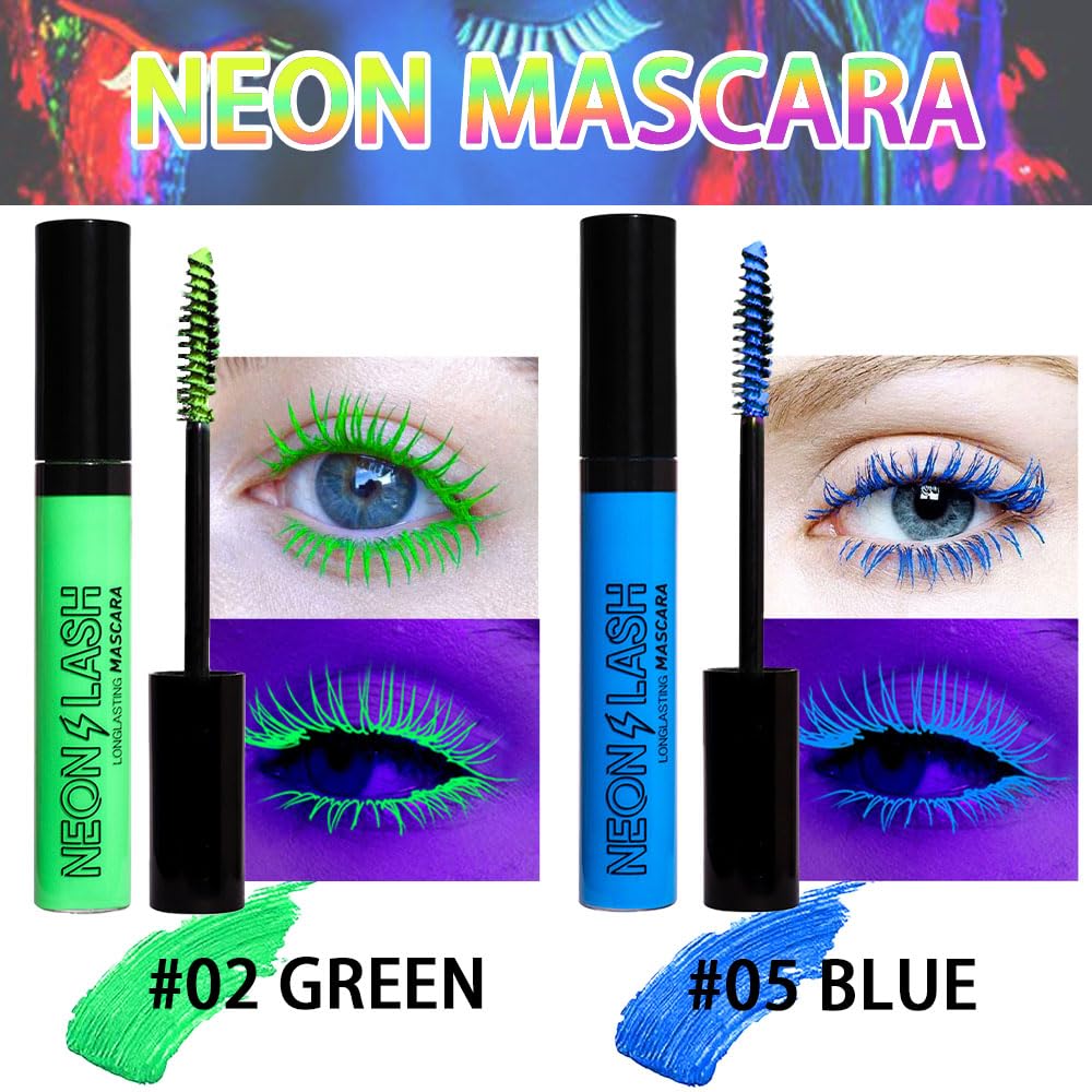 2 Colored Mascara For Eyelashes Set,Blue Green Halloween Fluorescent Colorful Waterproof Long Lasting Charming Voluminous Mascar