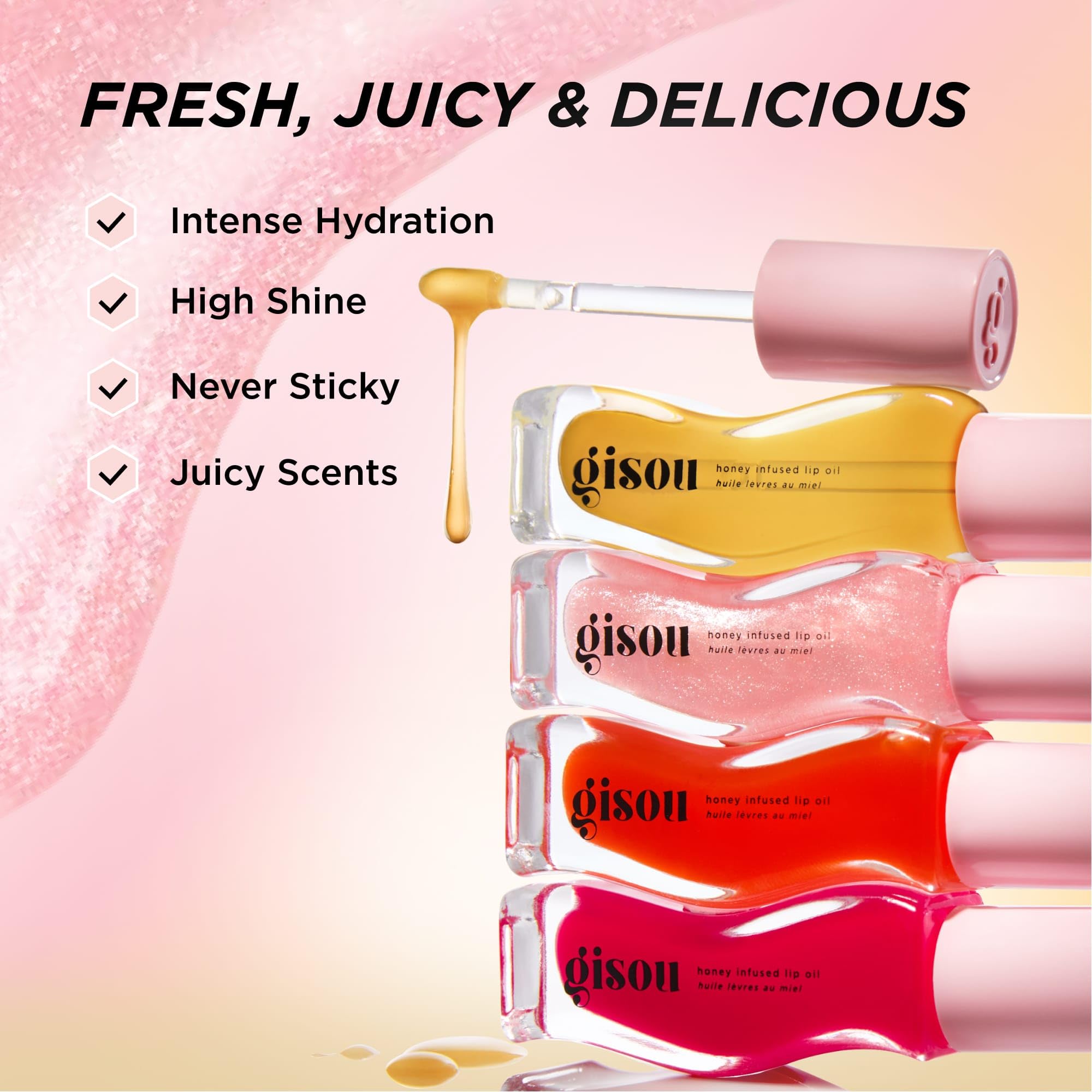Gisou Honey Infused Hydrating Lip Oil, Nourishing Lip Moisturizer for Dry Lips, High Shine, Smooth Finish, Sheer Hot Coral Shade