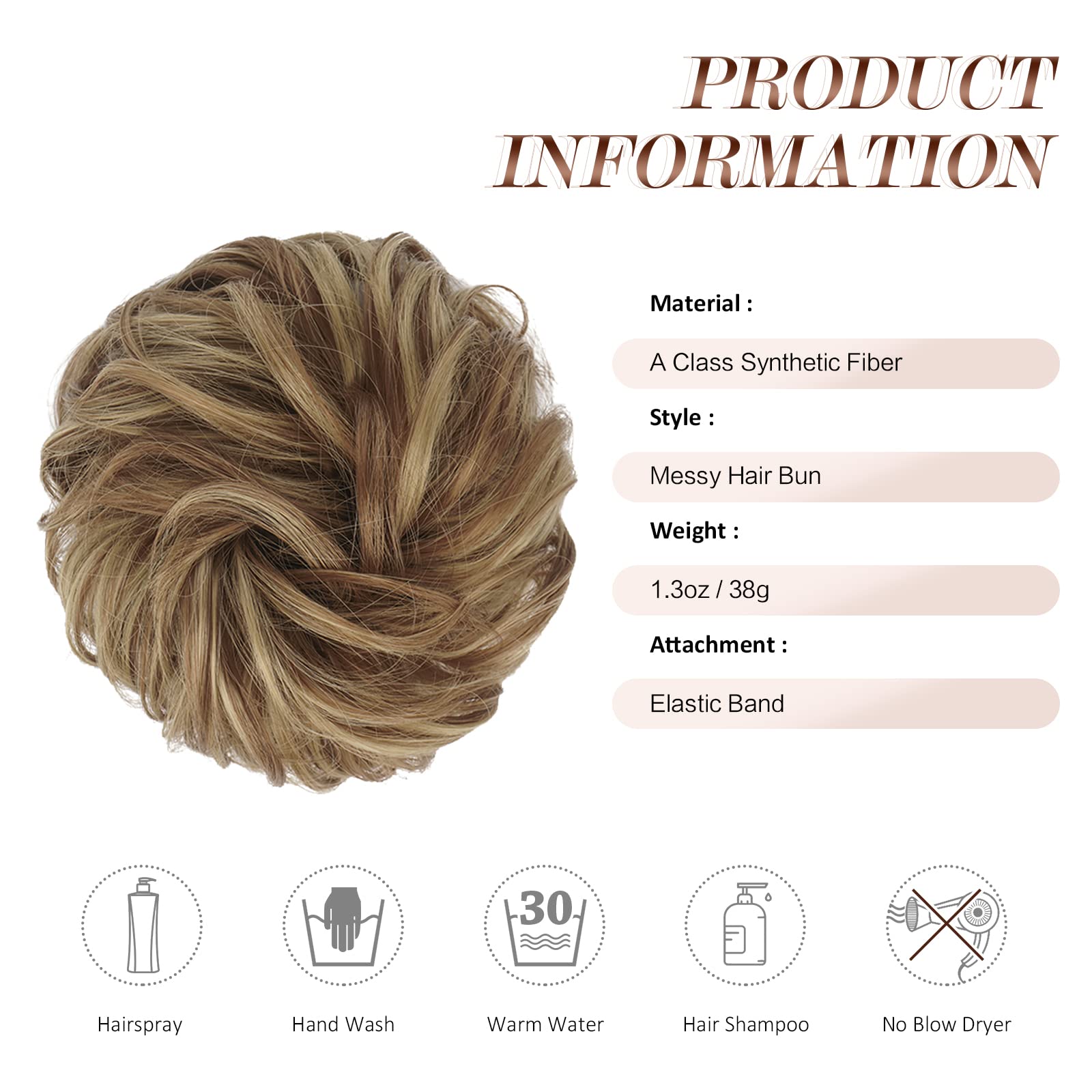 Feshfen Messy Bun Hair Piece, Messy Hair Bun Scrunchies For Women Brown And Blonde Synthetic Wavy Curly Chignon Ponytail Hair Ex