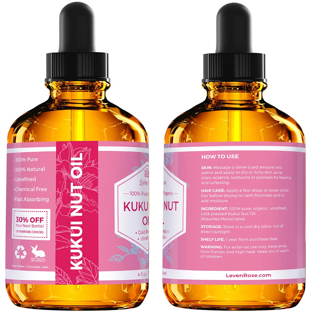 Leven Rose Kukui Nut Oil 4 oz - Cold-Pressed and Unrefined Hair & Face Moisturizer with Dropper - Unscented Pure Face Oil for Wo