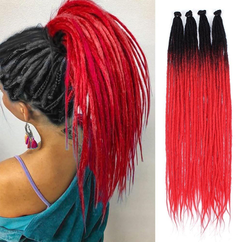 Kraler 22 Inch 40 Strands Dreadlock Extensions, Thin 0.6cm Width Black to Red Synthetic Crochet Dreads Extensions 100% Handmade 