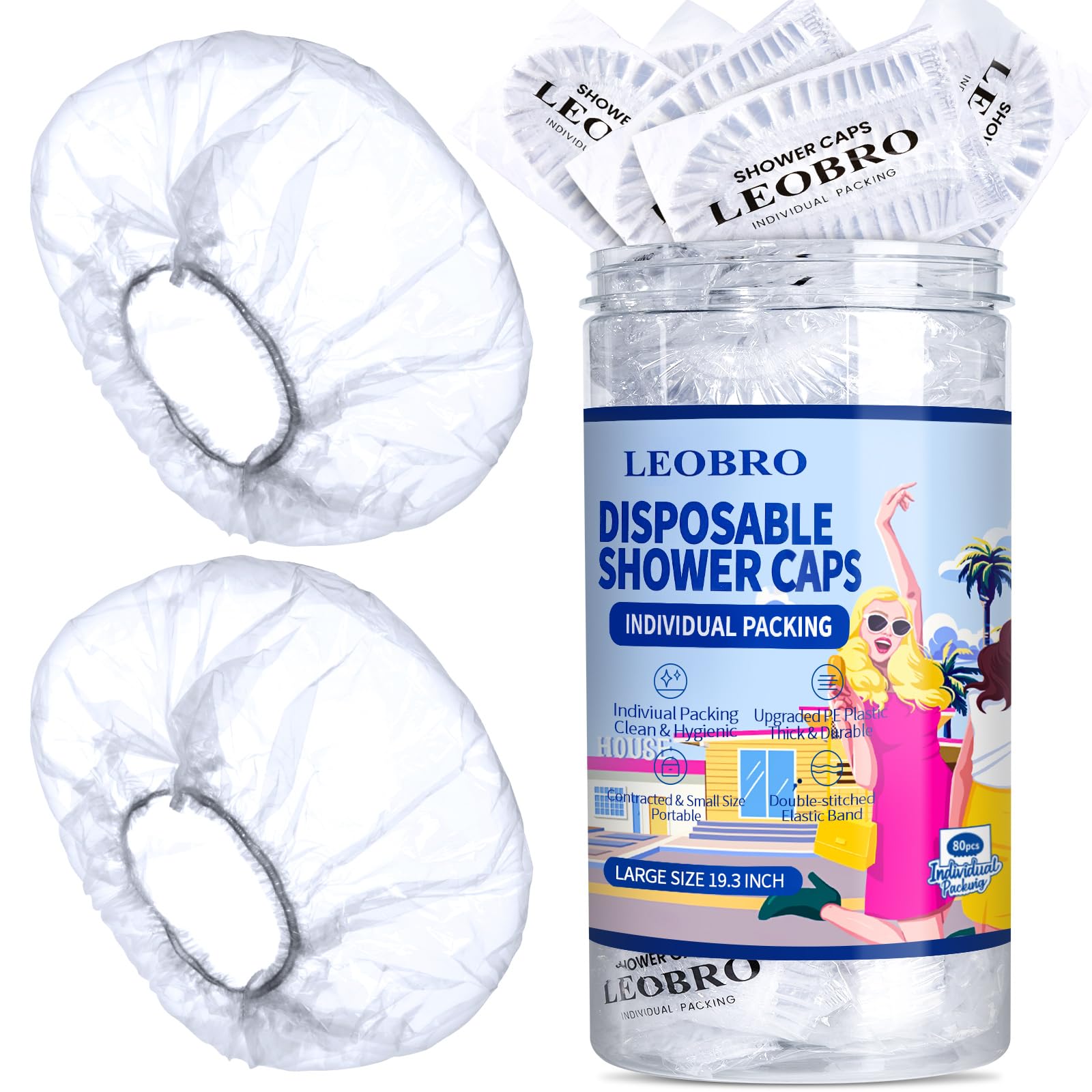 Leobro Individually Wrapped Disposable Shower Caps, Shower Caps, Large Plastic Shower Caps For Women Disposable, Clear Shower Ca