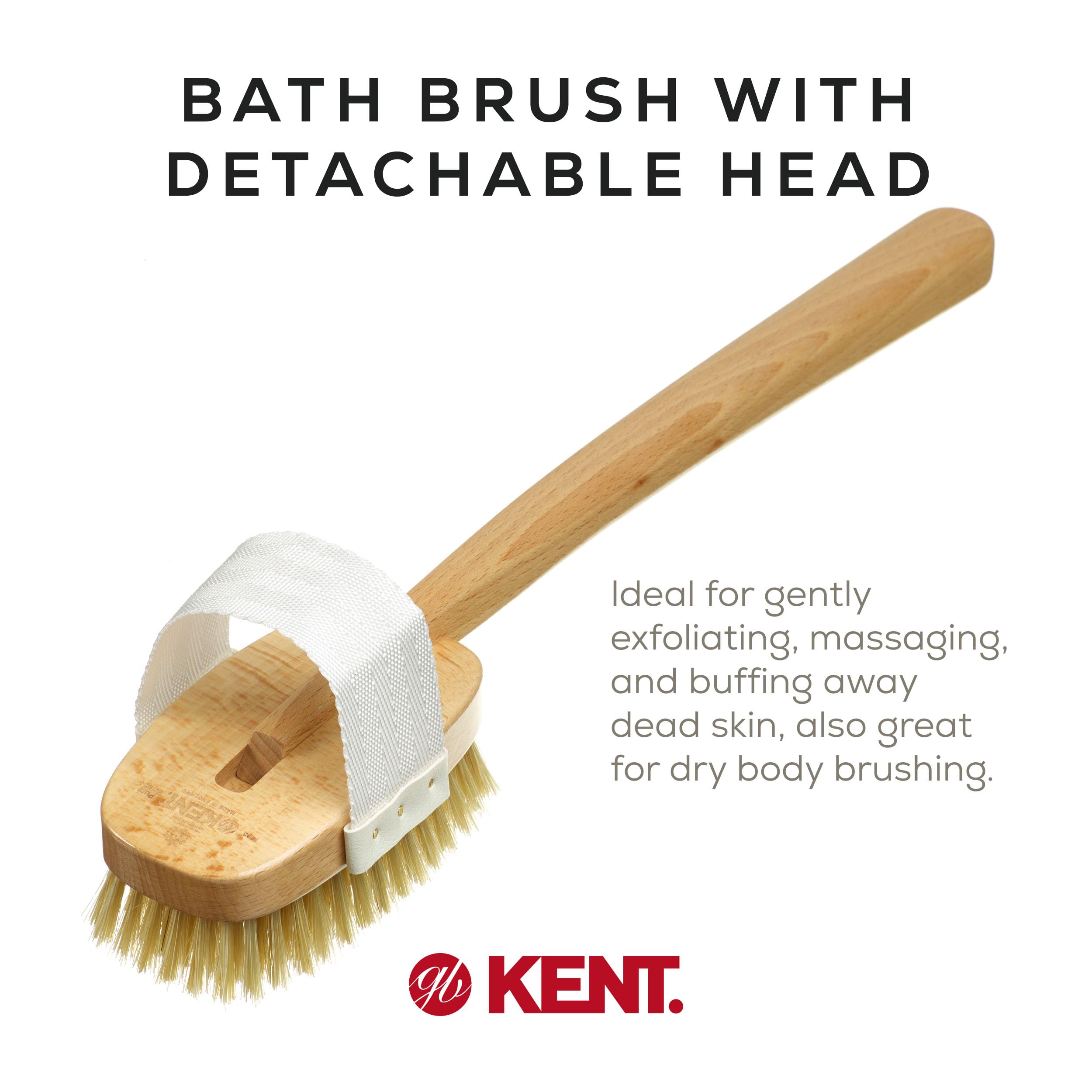 Kent Fd3 Luxury Beechwood Body Scrubbing Exfoliating Bath/Shower Brush With 100% Pure White Bristle. Long Handle With Detachable