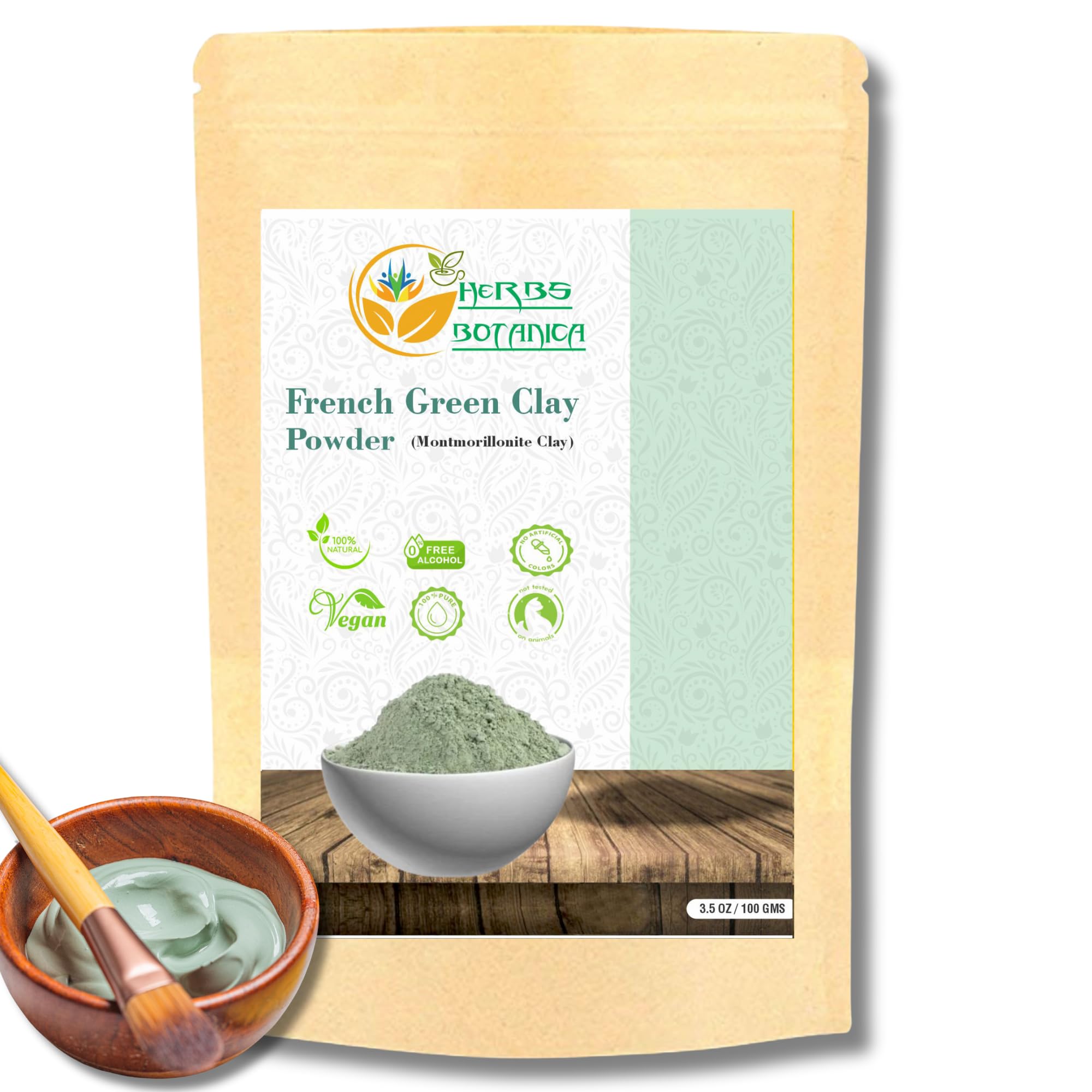 Herbs Botanica French Green Clay Powder 100% Pure & Natural Montmorillonite Clay for Face Masks, Skincare, and DIY Beauty Finely