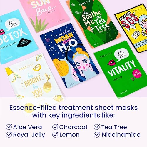Facetory Best Of Seven Facial Masks Collection - Hydrate, Radiance Boost, Soothe, Revitalize, Nourish, Purify Skin - For All Ski