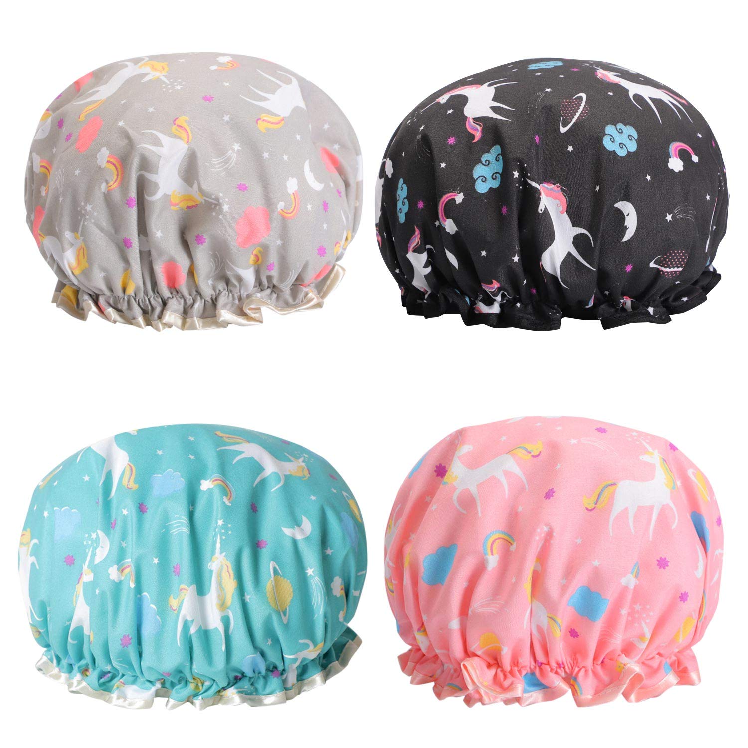Unicorn Shower Caps, Double Layers Bath Hat For Women To Cover Long And Thick Hair, Reusable Waterproof Bonnet 4 Pack