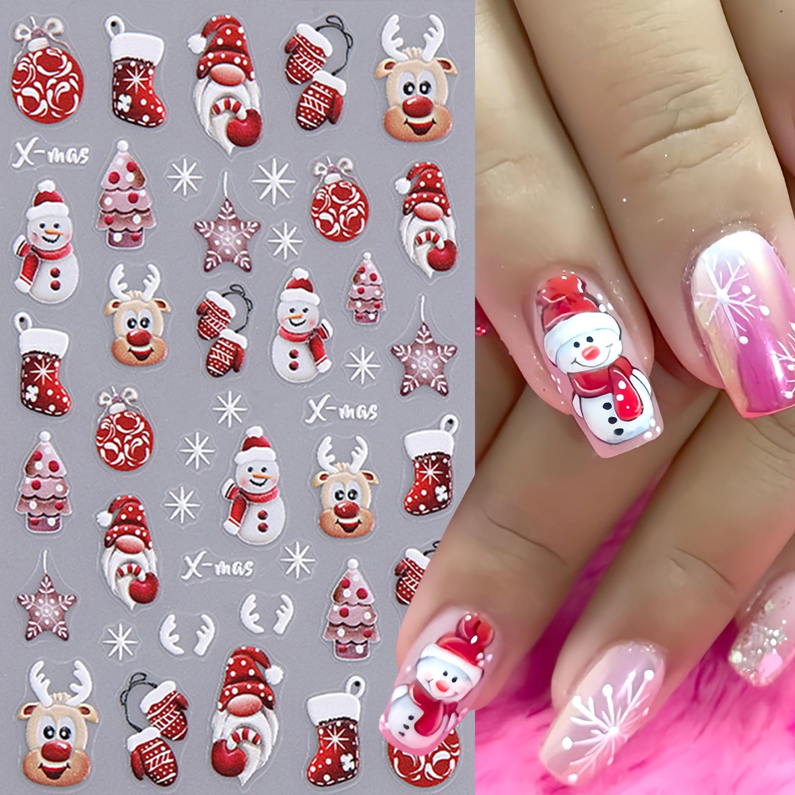 4 Sheets Christmas Nail Art Stickers 5D Embossed Snowman Snowflakes Nail Stickers Santa Claus Elk Penguin Nail Decals Christmas