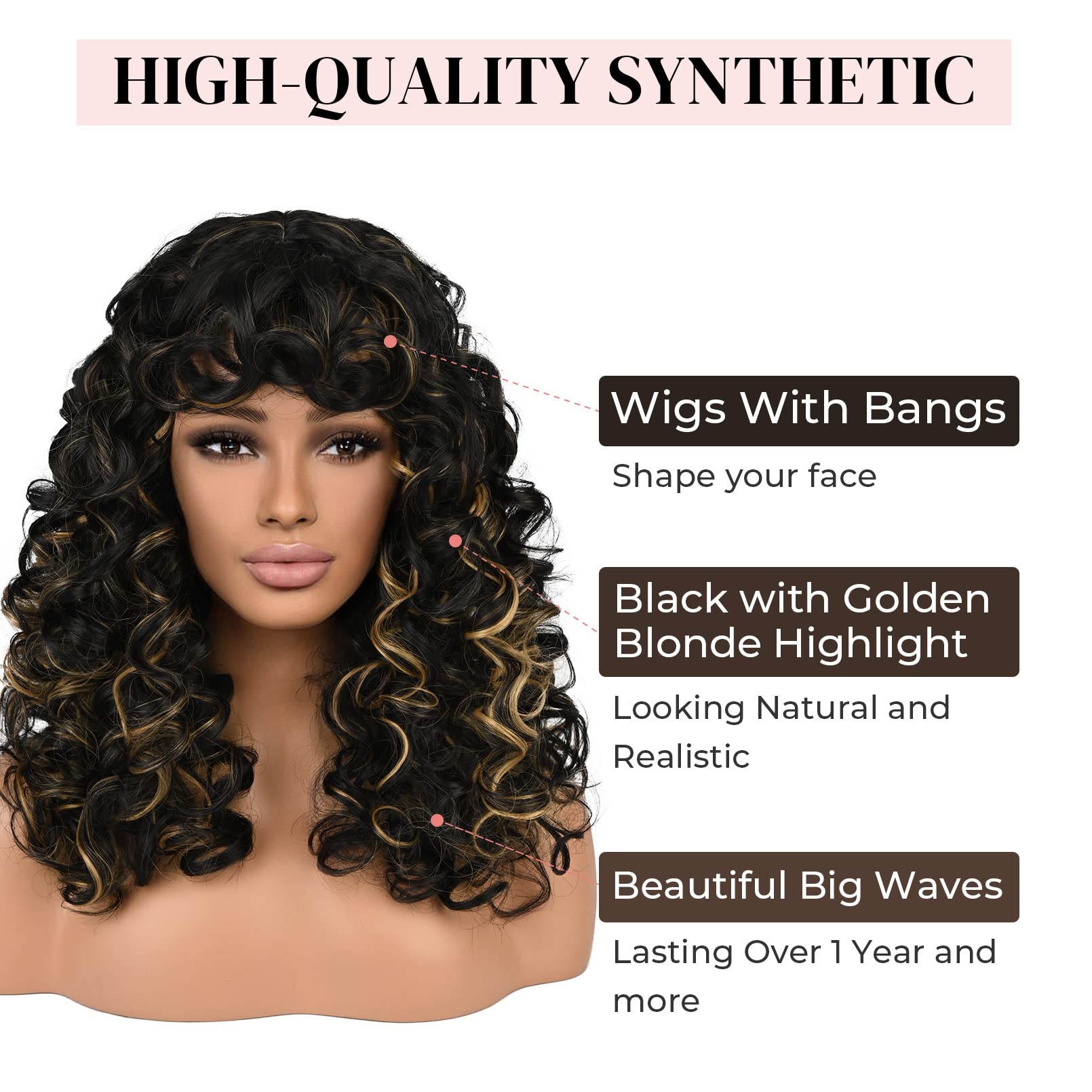 LONAI Curly Wig with Bangs for Women Long Black Hair Kinky Wigs with Golden Blonde Highlights WIG001 Curly Shag Synthetic Wig fo