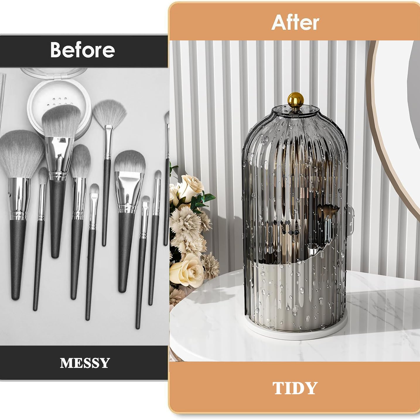 Zufudo Makeup Brush Holder Organizer With Lid 360 Rotating Makeup Organizer Countertop Dustproof Cosmetics Organizer For Vanity